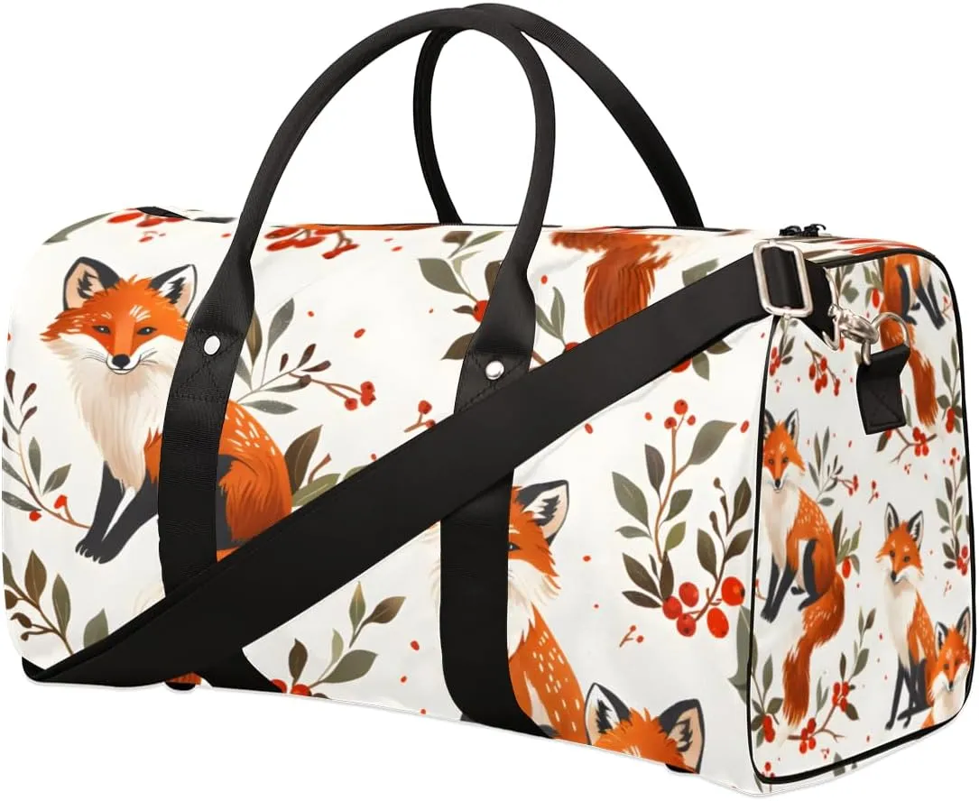 Fox Travel Duffle Bag for Women Men Gym Duffel Foldable Bag Waterproof Weekender Boho Flower Leaves Duffle Tote