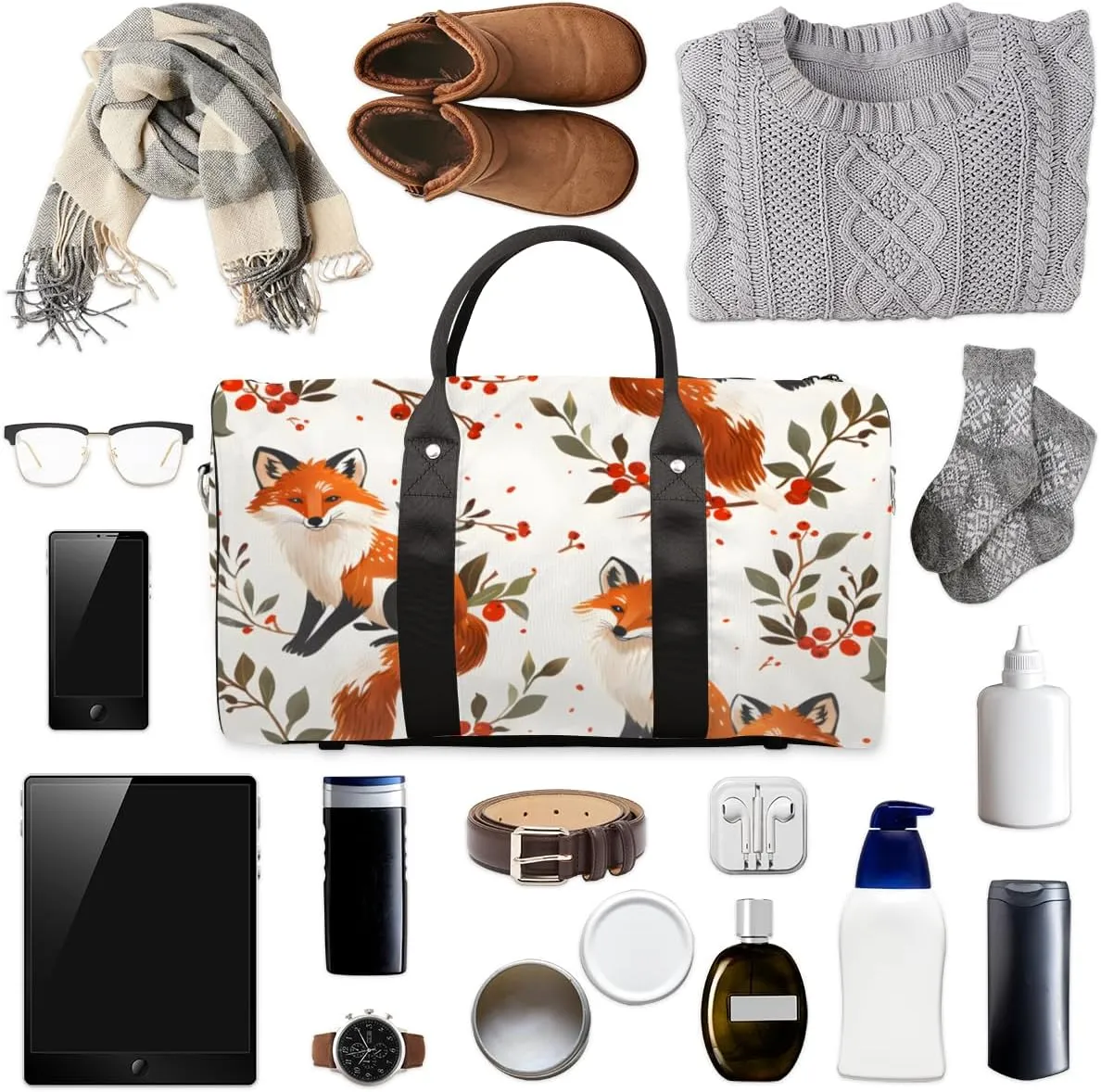 Fox Travel Duffle Bag for Women Men Gym Duffel Foldable Bag Waterproof Weekender Boho Flower Leaves Duffle Tote