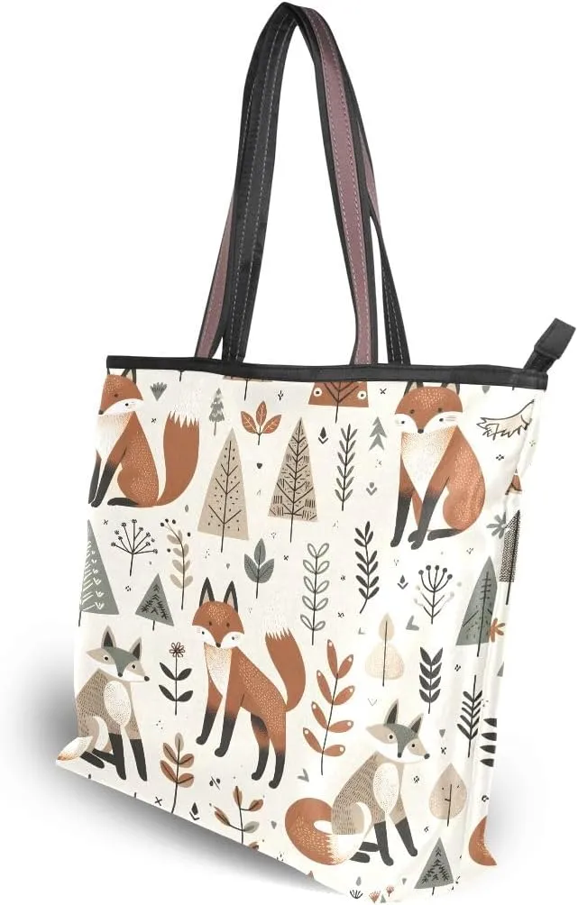 Foxes and Different Elements Shoulder Bags Large Handle Ladies Handbag