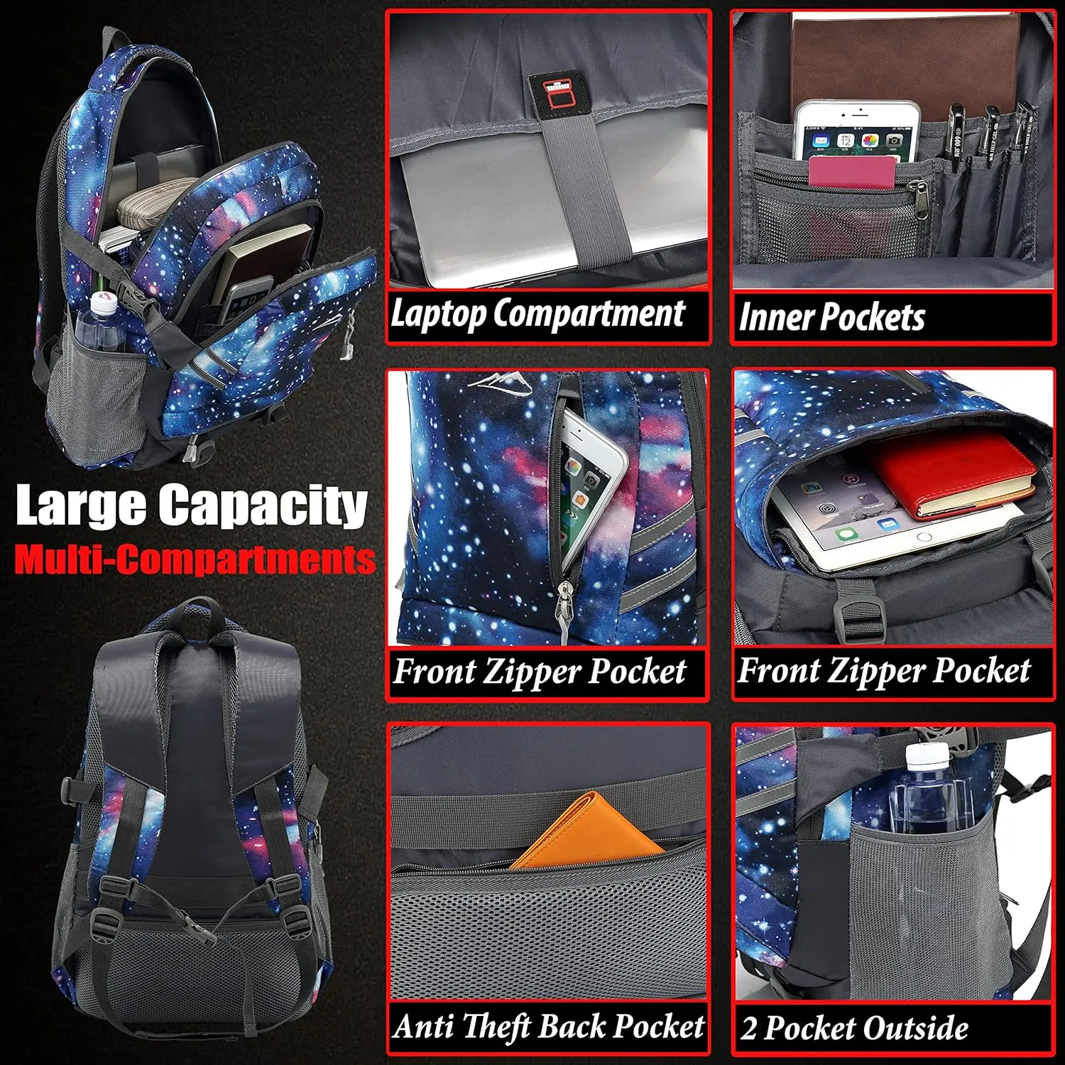 Galaxy Backpack Bookbag for College Laptop Travel,Fit Laptop Up to 15.6 inch Multi Compartment with USB Charging Port Anti theft, Gift for Men Women (Galaxy)