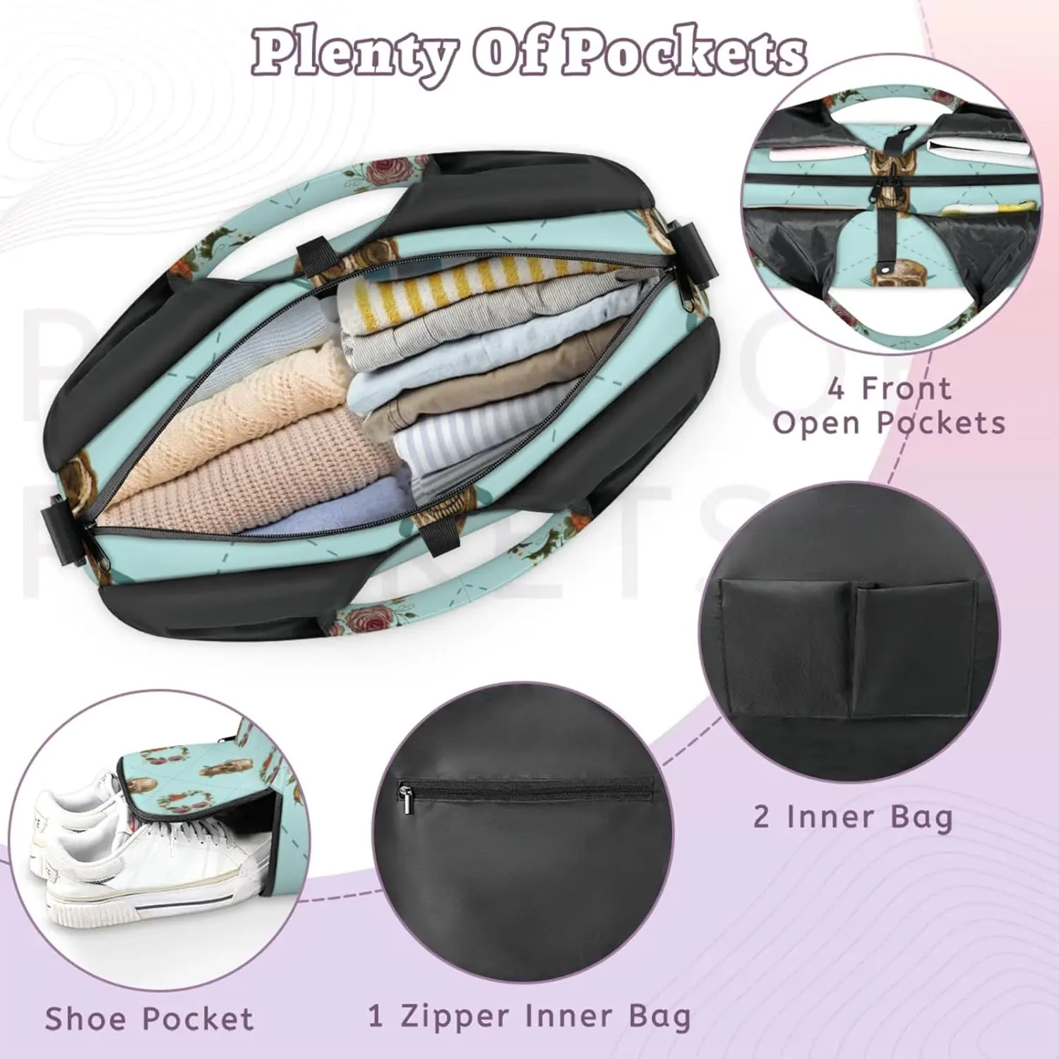 Garland Skull Gym Bag Yoga Mat Tote for Women with Shoes Compartment Lightweight Duffle Travel Carrier Wet Dry Storage Pockets Adjustable Pilates Mats Shoulder Bags for Sport Swim
