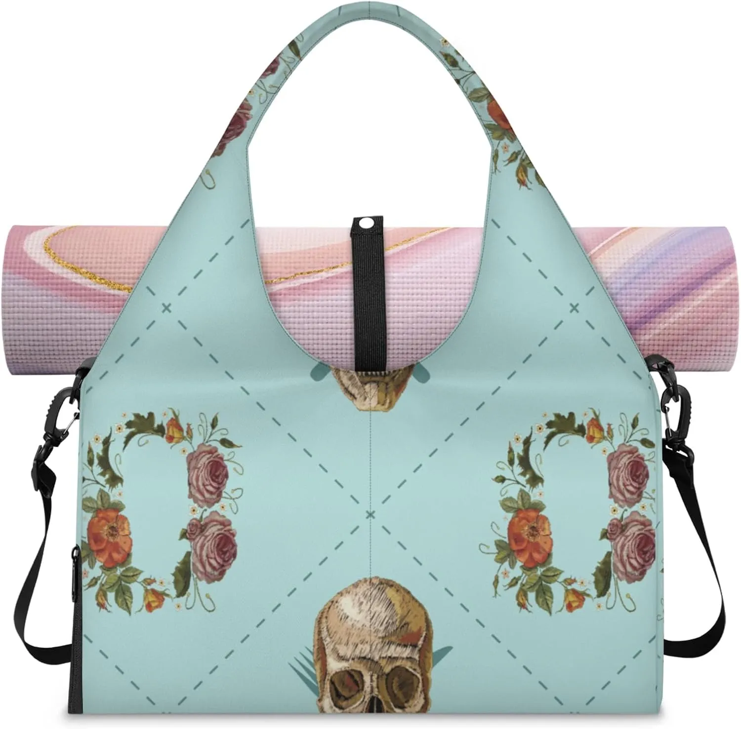 Garland Skull Gym Bag Yoga Mat Tote for Women with Shoes Compartment Lightweight Duffle Travel Carrier Wet Dry Storage Pockets Adjustable Pilates Mats Shoulder Bags for Sport Swim