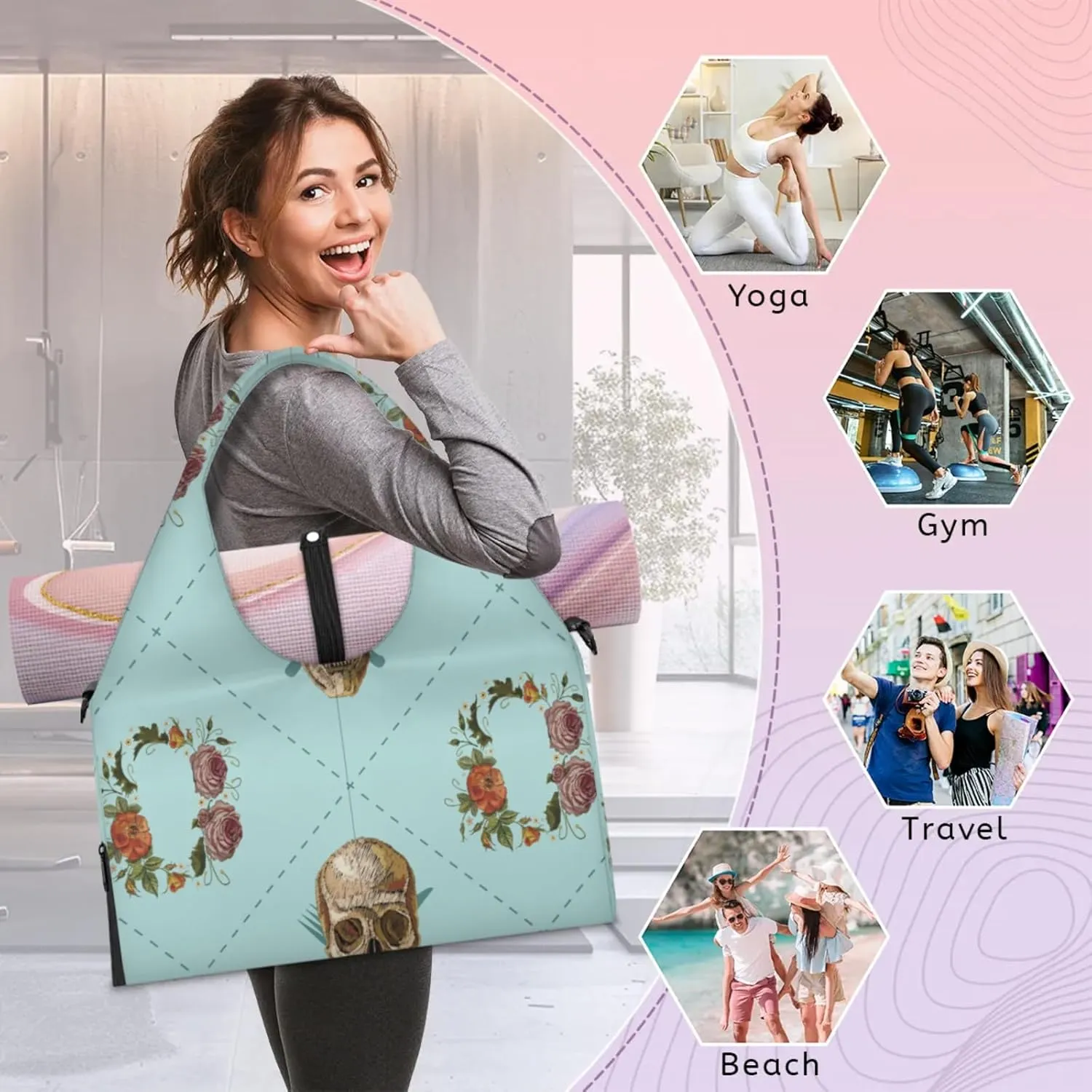 Garland Skull Gym Bag Yoga Mat Tote for Women with Shoes Compartment Lightweight Duffle Travel Carrier Wet Dry Storage Pockets Adjustable Pilates Mats Shoulder Bags for Sport Swim