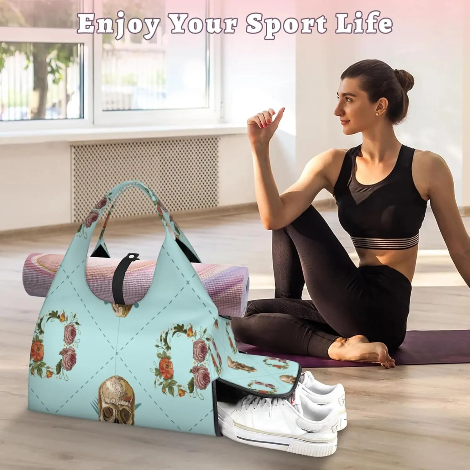 Garland Skull Gym Bag Yoga Mat Tote for Women with Shoes Compartment Lightweight Duffle Travel Carrier Wet Dry Storage Pockets Adjustable Pilates Mats Shoulder Bags for Sport Swim