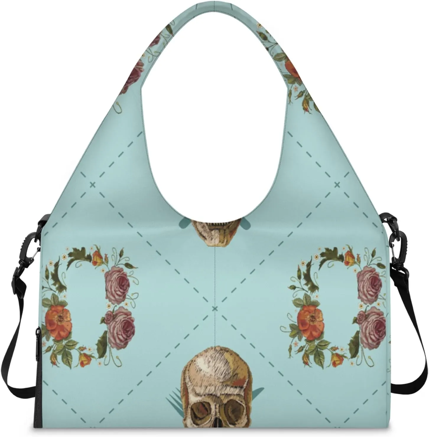 Garland Skull Gym Bag Yoga Mat Tote for Women with Shoes Compartment Lightweight Duffle Travel Carrier Wet Dry Storage Pockets Adjustable Pilates Mats Shoulder Bags for Sport Swim