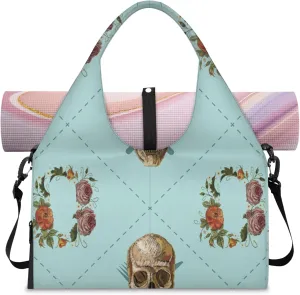 Garland Skull Gym Bag Yoga Mat Tote for Women with Shoes Compartment Lightweight Duffle Travel Carrier Wet Dry Storage Pockets Adjustable Pilates Mats Shoulder Bags for Sport Swim