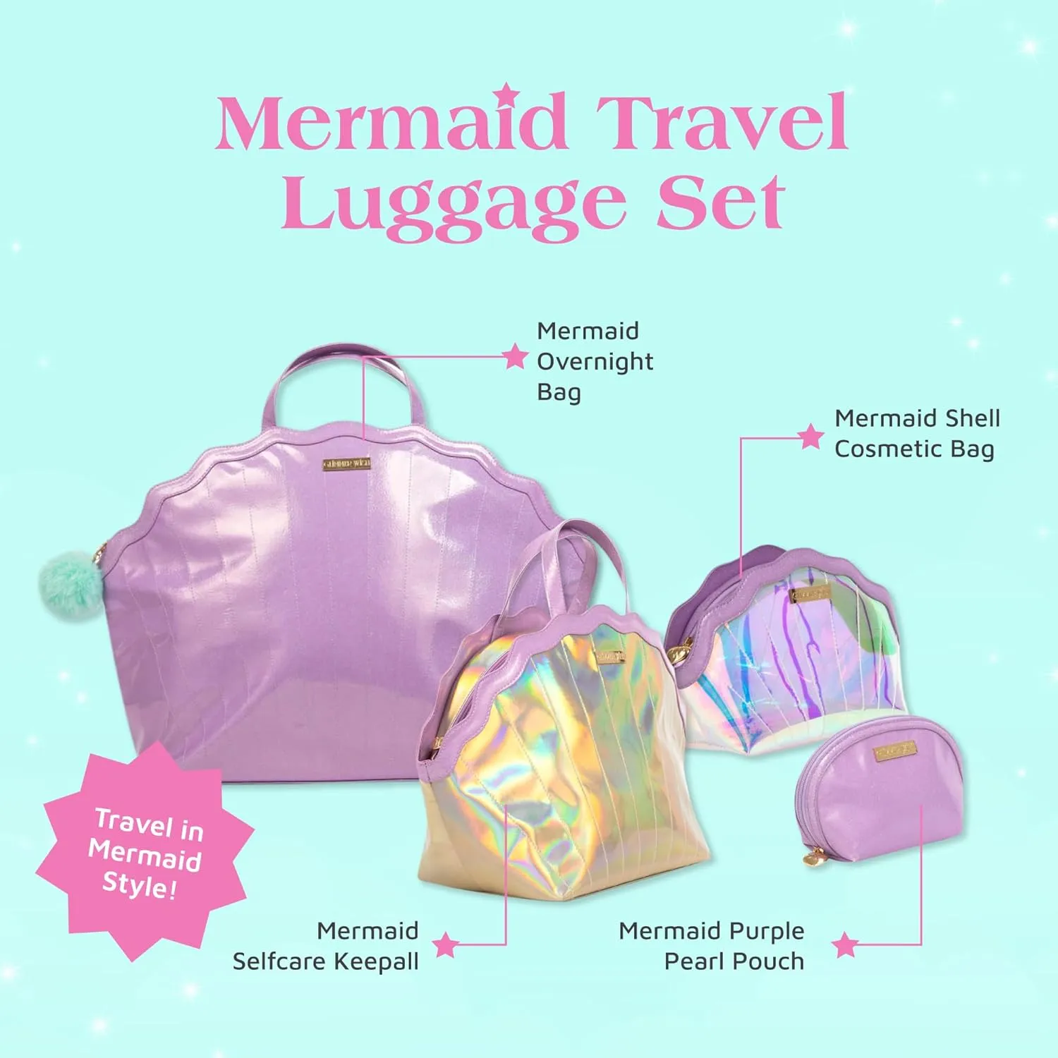Glimmer Wish Mermaid Travel Luggage Set - Overnight Bag, Shell Cosmetic Bag, Selfcare Keepall, and Purple Pearl Pouch, Set of 4 Travel Bags for Teens and Girls