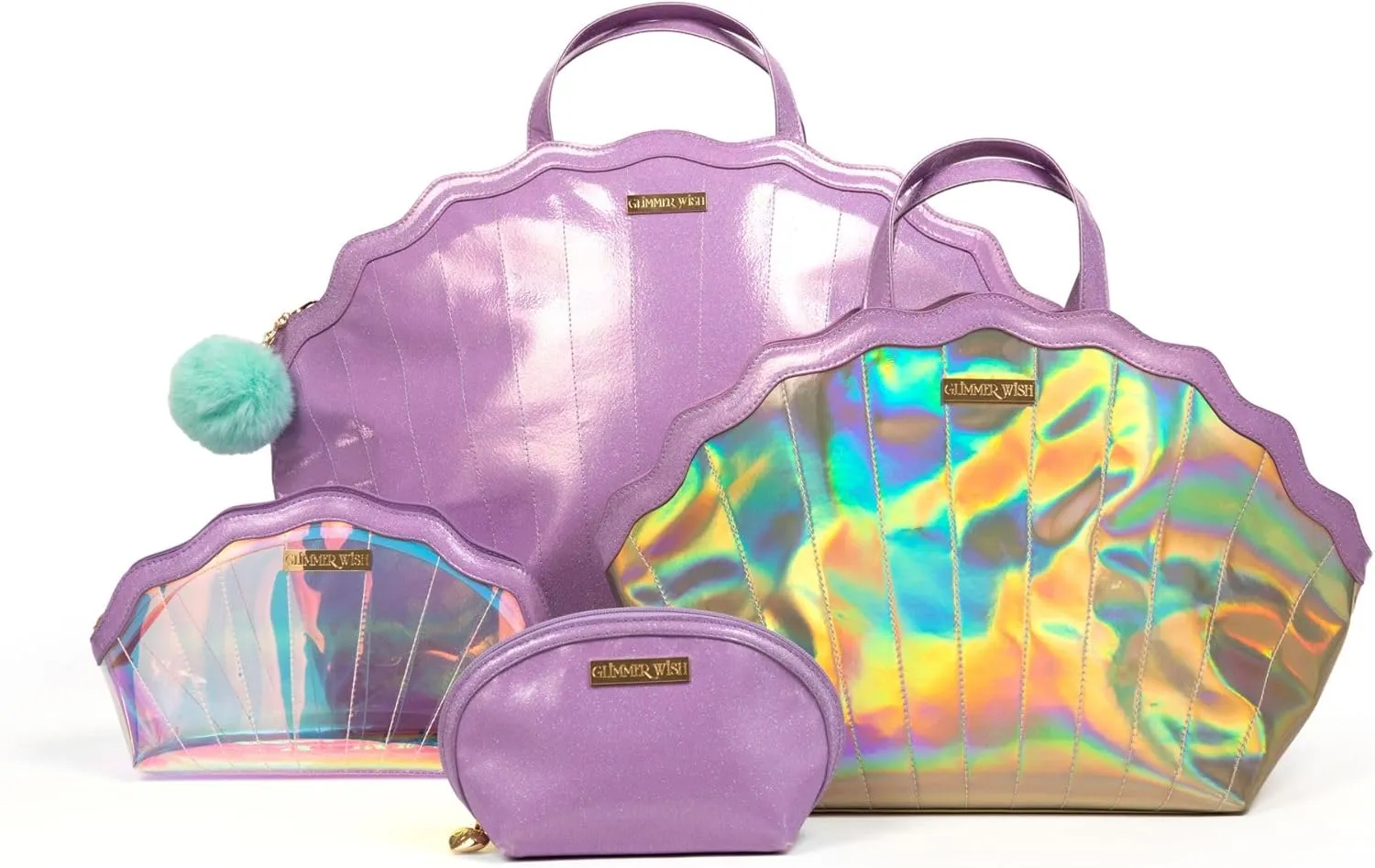 Glimmer Wish Mermaid Travel Luggage Set - Overnight Bag, Shell Cosmetic Bag, Selfcare Keepall, and Purple Pearl Pouch, Set of 4 Travel Bags for Teens and Girls