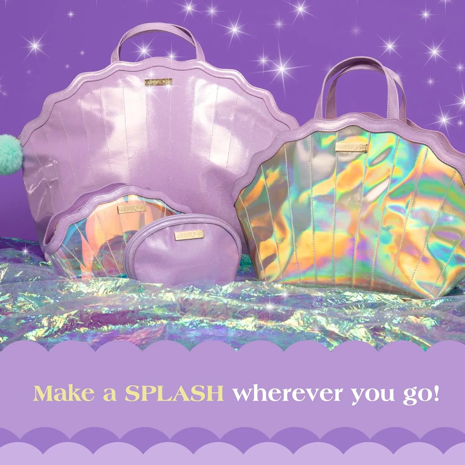 Glimmer Wish Mermaid Travel Luggage Set - Overnight Bag, Shell Cosmetic Bag, Selfcare Keepall, and Purple Pearl Pouch, Set of 4 Travel Bags for Teens and Girls