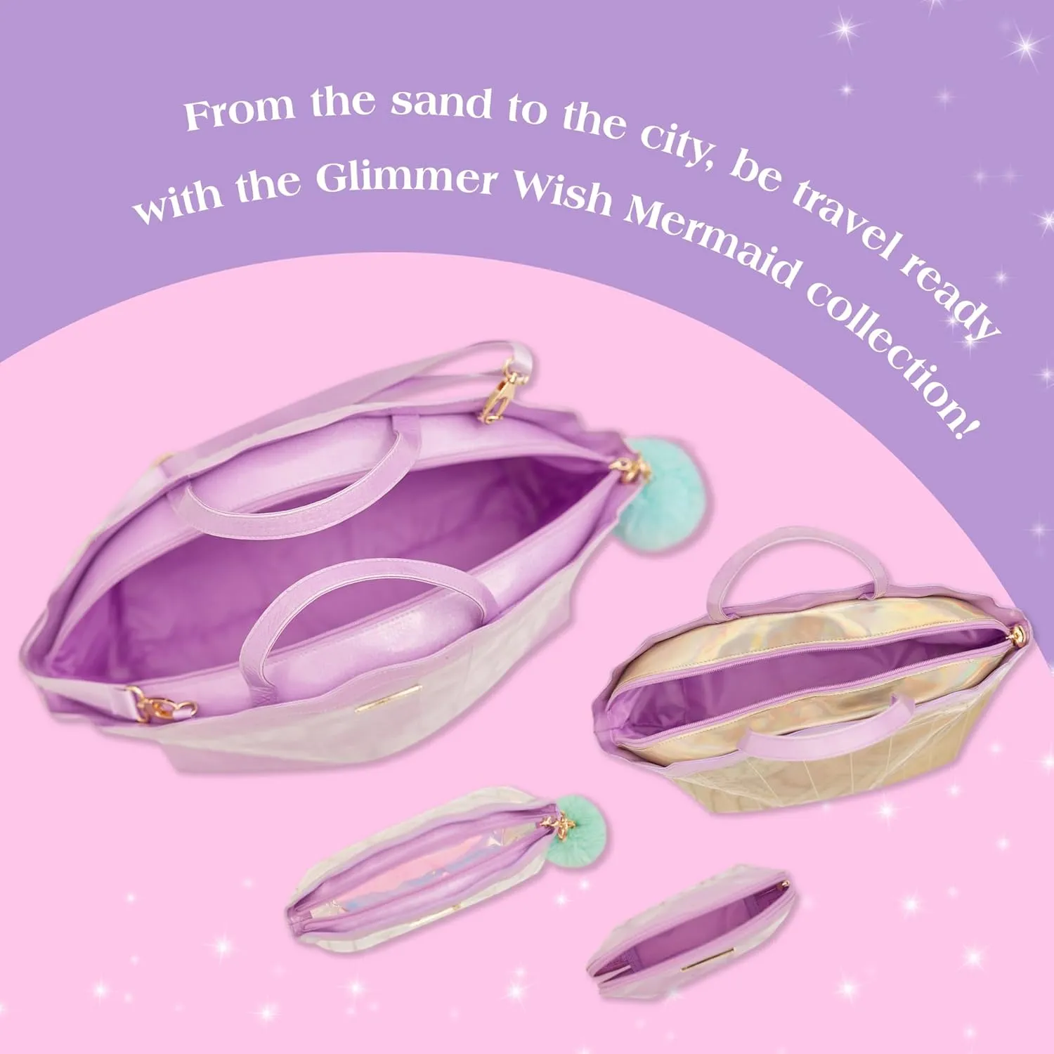 Glimmer Wish Mermaid Travel Luggage Set - Overnight Bag, Shell Cosmetic Bag, Selfcare Keepall, and Purple Pearl Pouch, Set of 4 Travel Bags for Teens and Girls