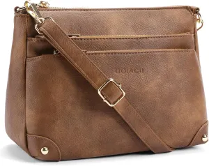 GOIACII Crossbody Bags for Women Medium Size Ladies Retro Satchel Purse with Multi Zipper Pockets Soft Leather