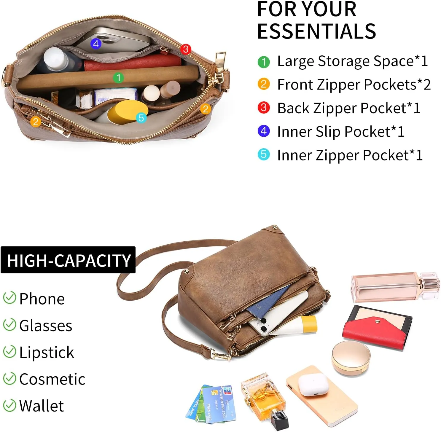 GOIACII Crossbody Bags for Women Medium Size Ladies Retro Satchel Purse with Multi Zipper Pockets Soft Leather