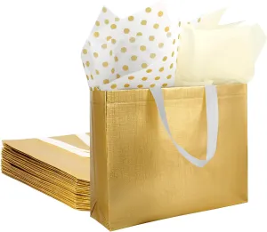 Gold Gift Bags with Tissue Paper – Set of 18 Reusable Gift Bags Large Size presents Bag With Handles - for Wedding Birthday Shower Christmas 12.7 x 4.7x11 inches