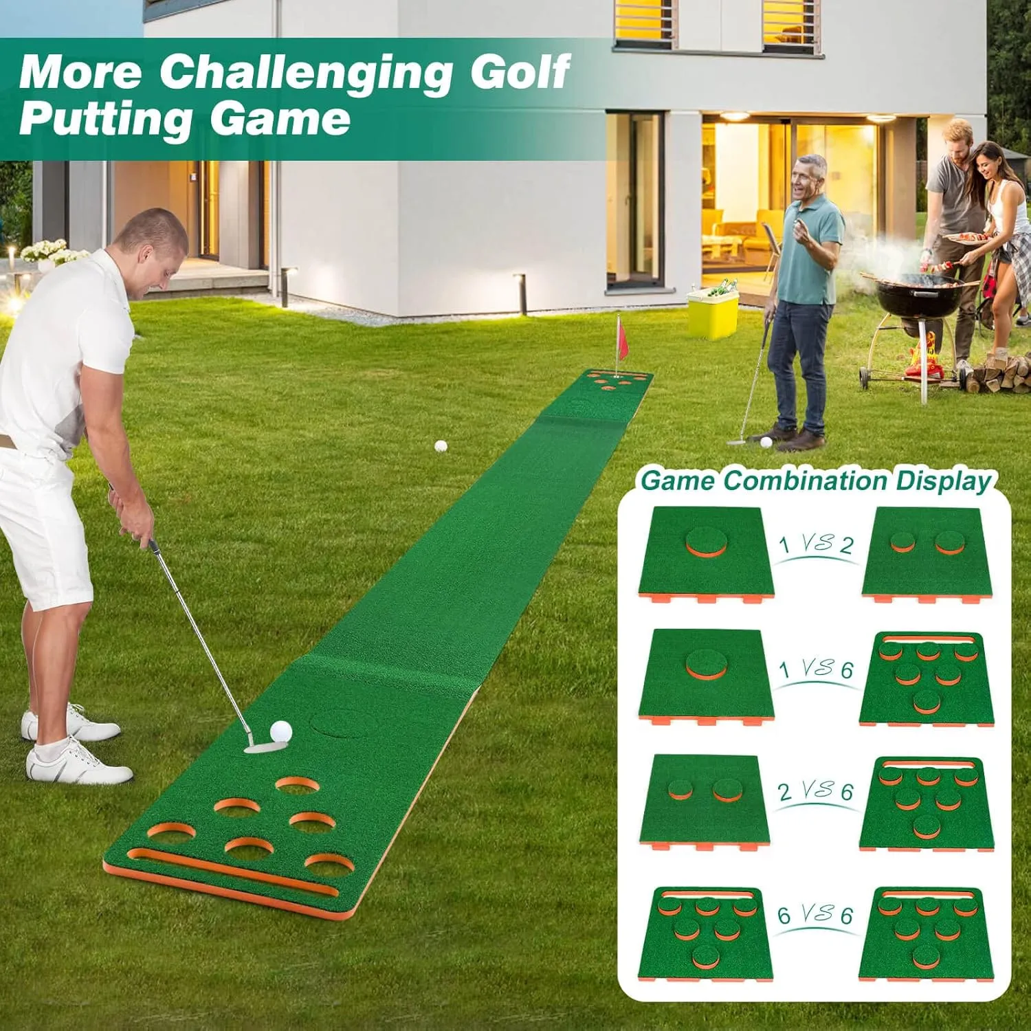 Golf Putting Mat, Extendable Practice Golf Pong-Game Set with 4 connectable Putting Pads,Includes 8pcs Golf Balls and Portable Bag for Indoor Outdoor Party Game Use
