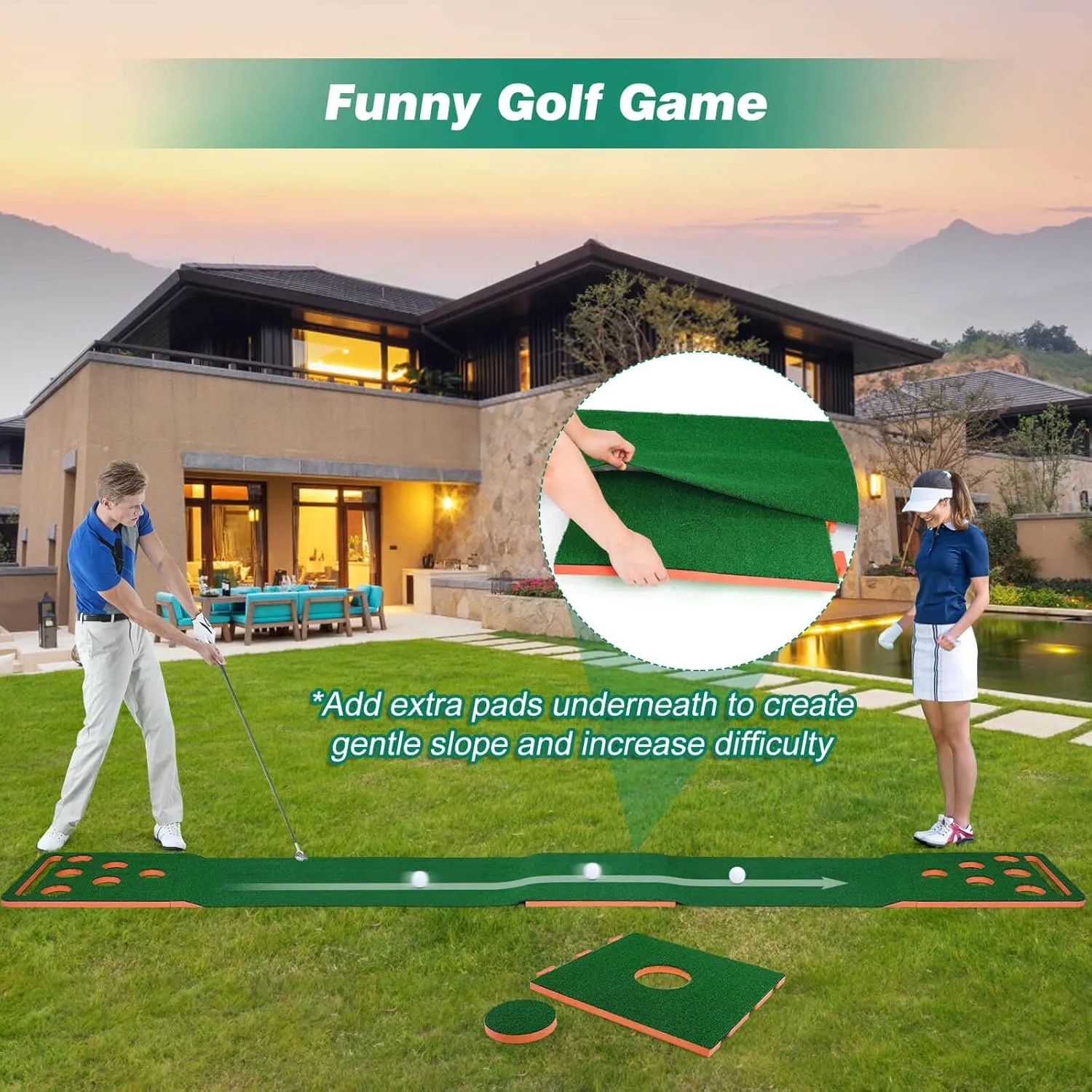 Golf Putting Mat, Extendable Practice Golf Pong-Game Set with 4 connectable Putting Pads,Includes 8pcs Golf Balls and Portable Bag for Indoor Outdoor Party Game Use