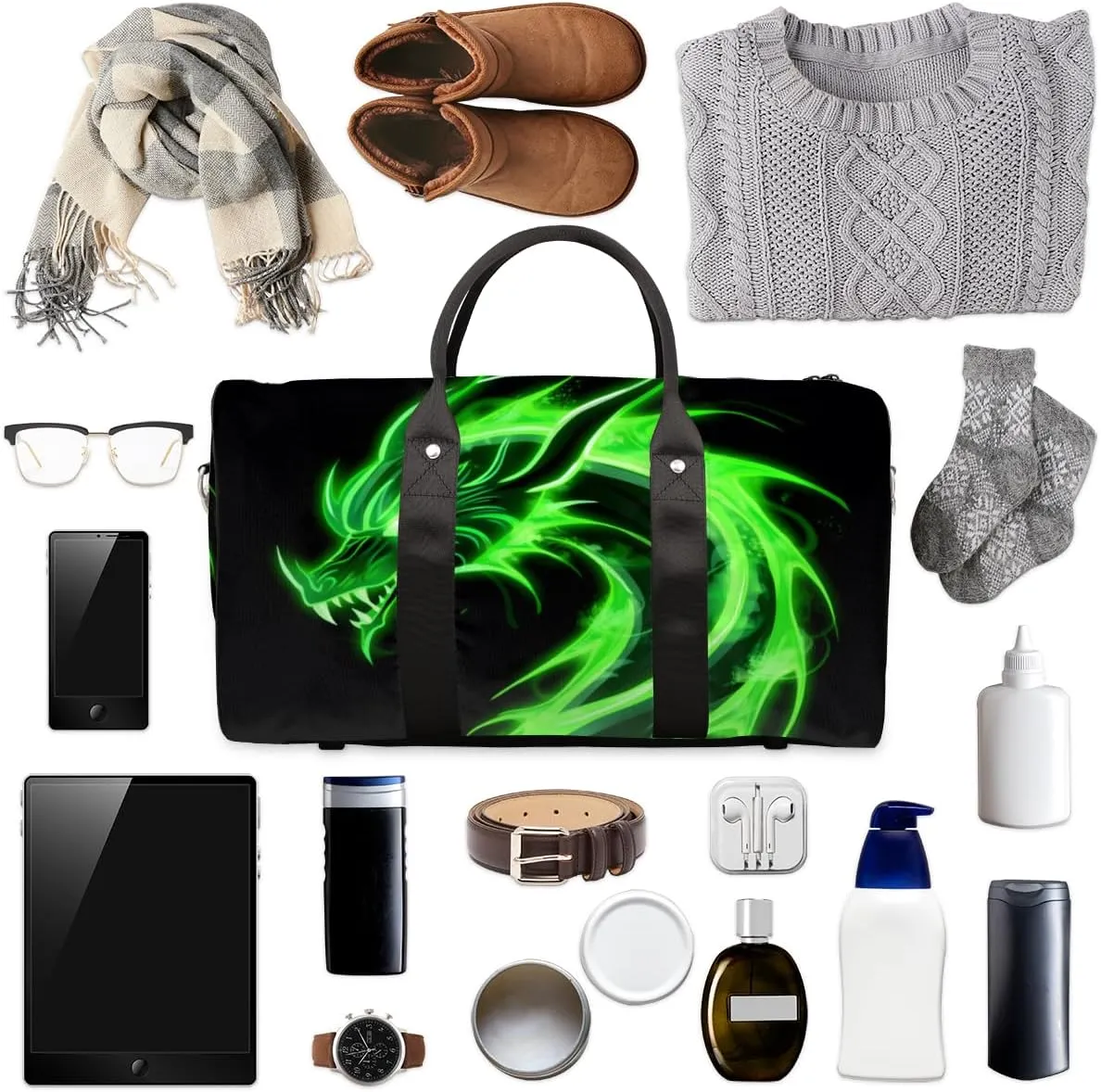 Green Dragon Travel Duffle Bag for Women Men Gym Duffel Foldable Bag Waterproof Weekender Cool Animal Duffle Tote