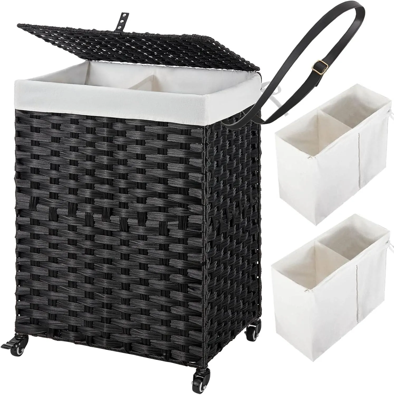 Greenstell Laundry Hamper with Wheels, No Install Needed, 90L Divided Handwoven Hampers & 2 Removable Liner Bags, Synthetic Rattan Clothes Laundry Basket with Lid & Handles, Foldable Hampers Black