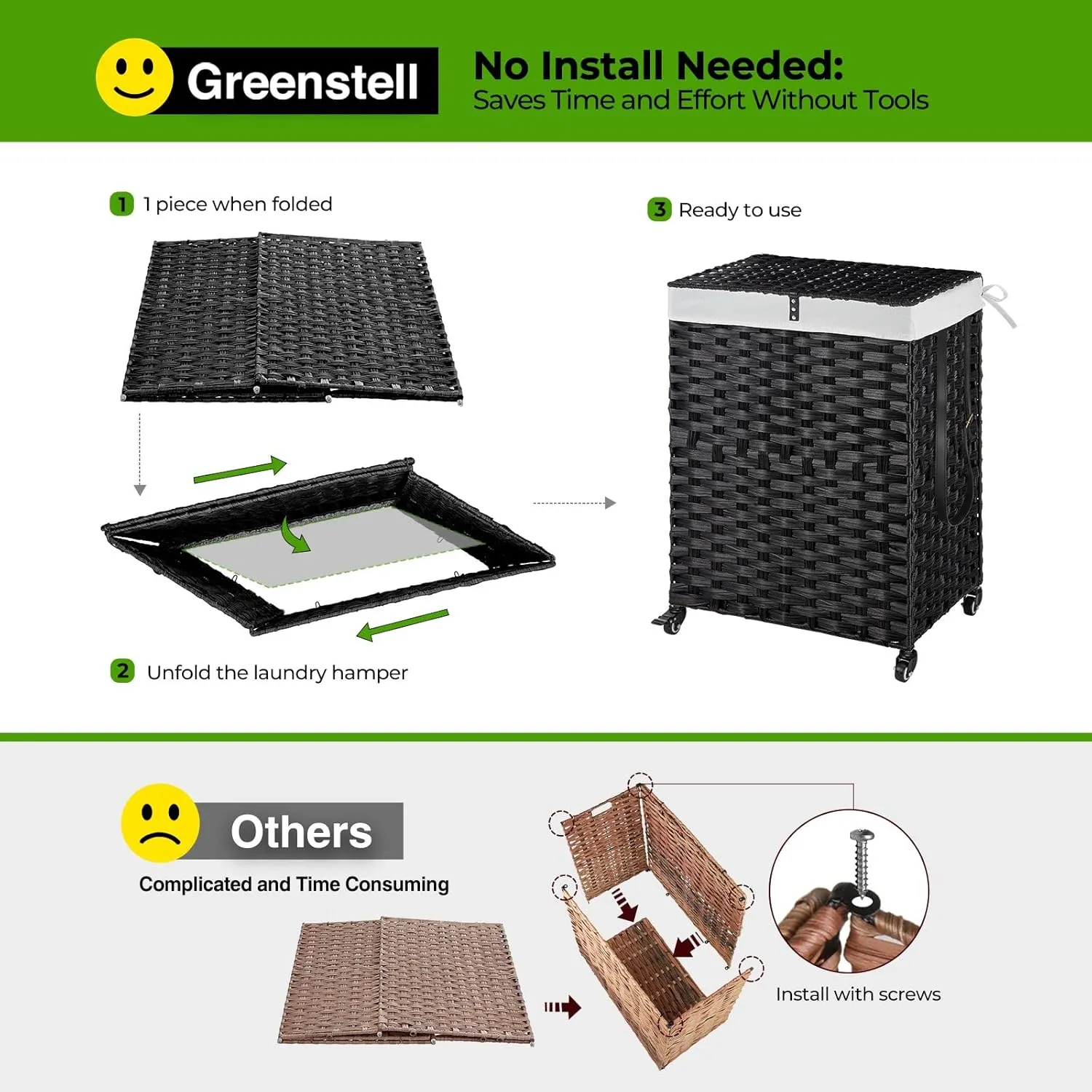 Greenstell Laundry Hamper with Wheels, No Install Needed, 90L Divided Handwoven Hampers & 2 Removable Liner Bags, Synthetic Rattan Clothes Laundry Basket with Lid & Handles, Foldable Hampers Black