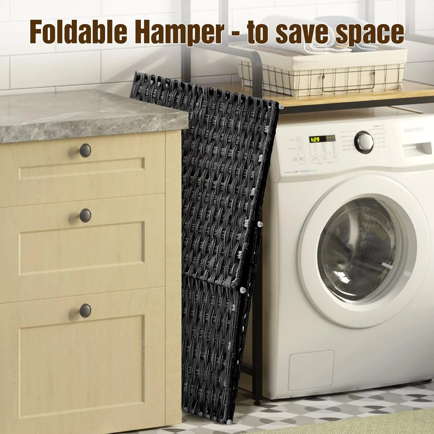 Greenstell Laundry Hamper with Wheels, No Install Needed, 90L Divided Handwoven Hampers & 2 Removable Liner Bags, Synthetic Rattan Clothes Laundry Basket with Lid & Handles, Foldable Hampers Black