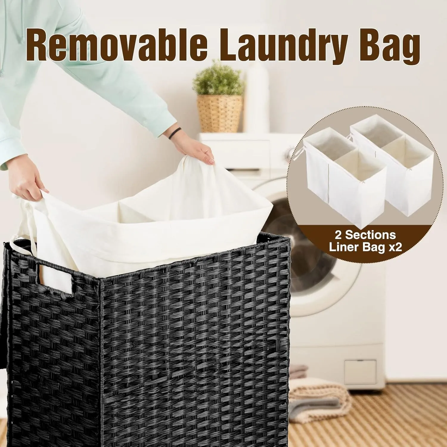 Greenstell Laundry Hamper with Wheels, No Install Needed, 90L Divided Handwoven Hampers & 2 Removable Liner Bags, Synthetic Rattan Clothes Laundry Basket with Lid & Handles, Foldable Hampers Black