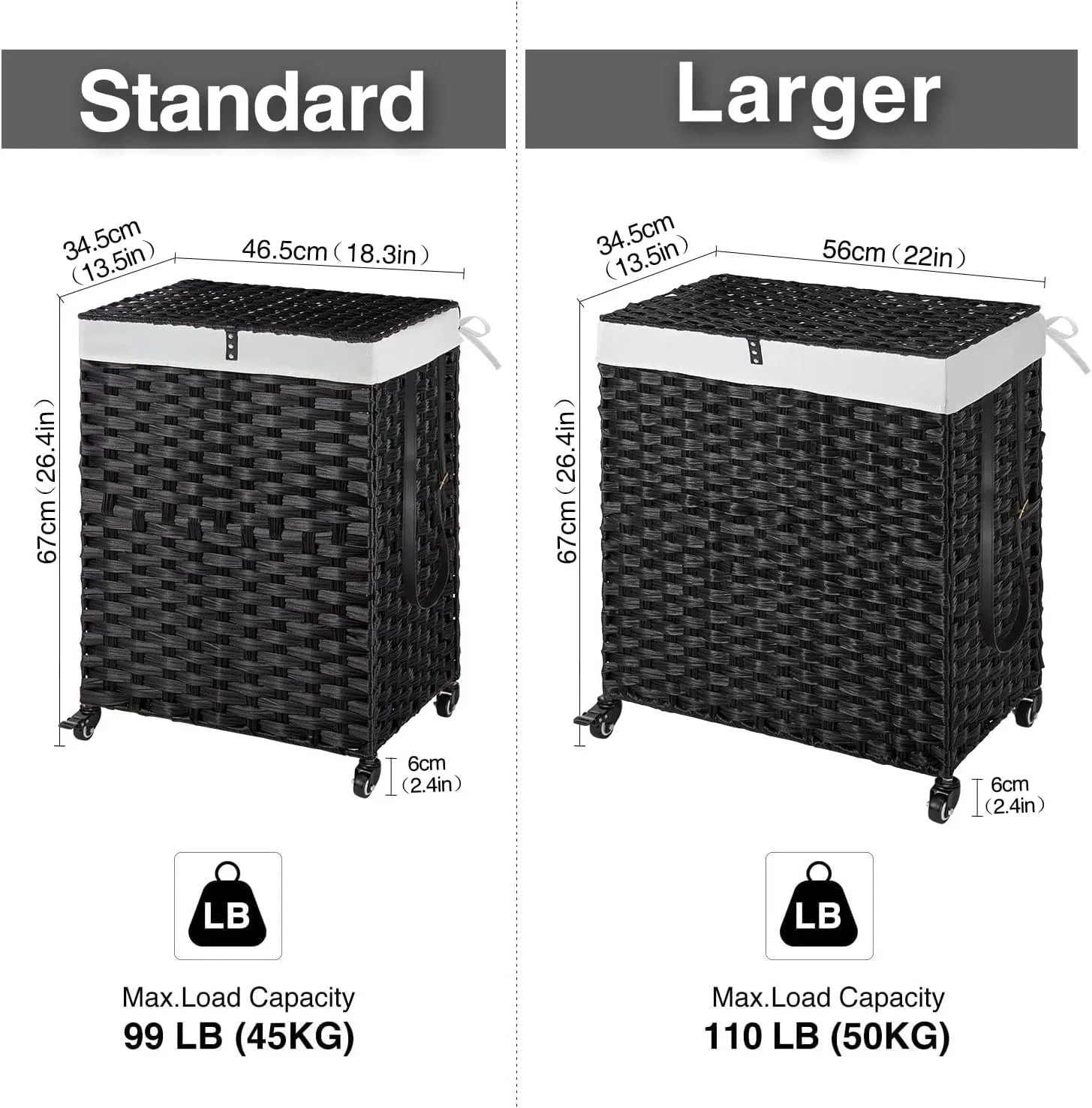 Greenstell Laundry Hamper with Wheels, No Install Needed, 90L Divided Handwoven Hampers & 2 Removable Liner Bags, Synthetic Rattan Clothes Laundry Basket with Lid & Handles, Foldable Hampers Black