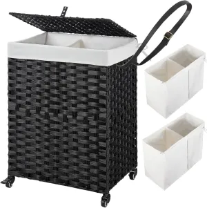 Greenstell Laundry Hamper with Wheels, No Install Needed, 90L Divided Handwoven Hampers & 2 Removable Liner Bags, Synthetic Rattan Clothes Laundry Basket with Lid & Handles, Foldable Hampers Black