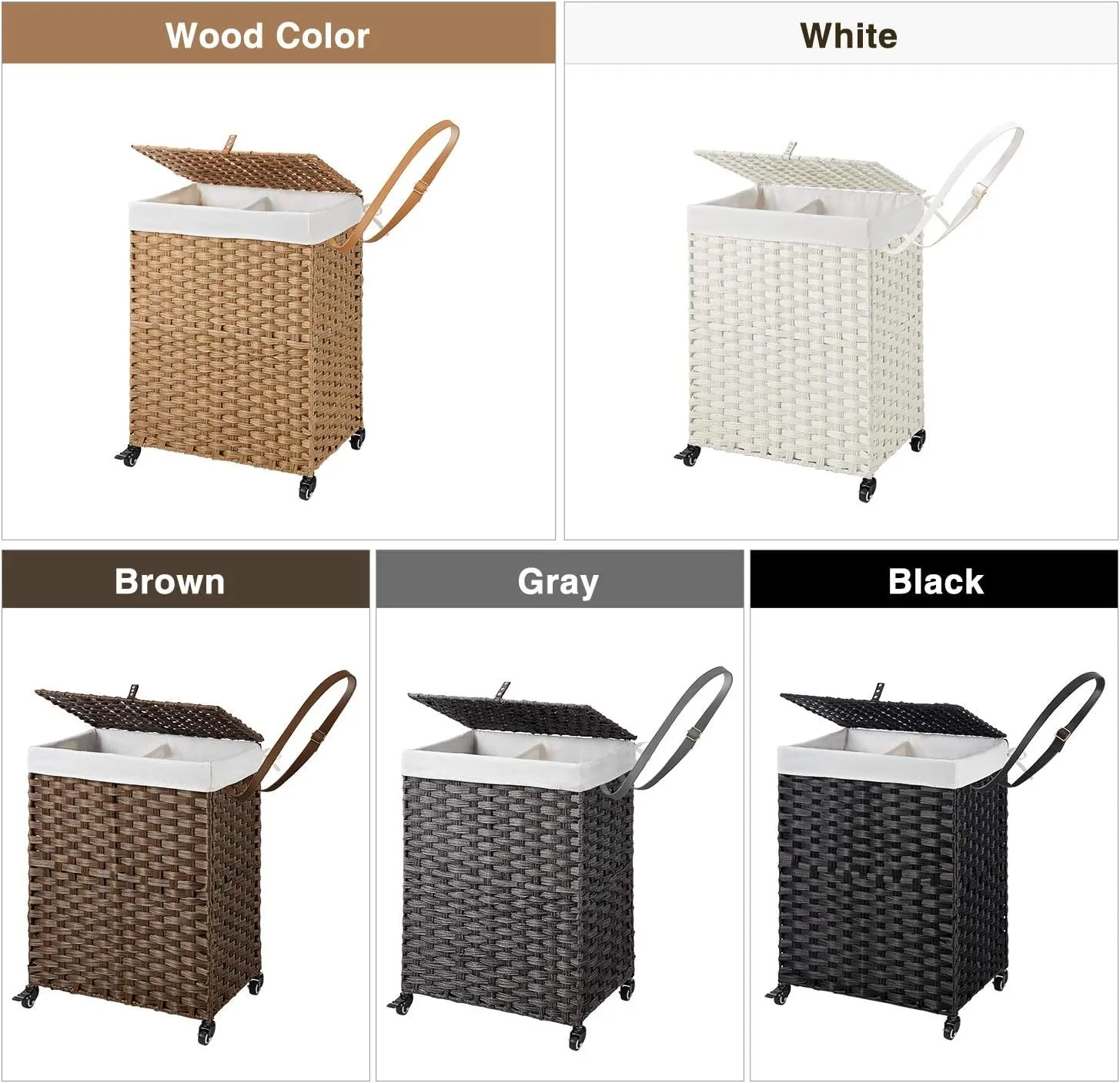 Greenstell Laundry Hamper with Wheels, No Install Needed, 90L Divided Handwoven Hampers & 2 Removable Liner Bags, Synthetic Rattan Clothes Laundry Basket with Lid & Handles, Foldable Hampers Black
