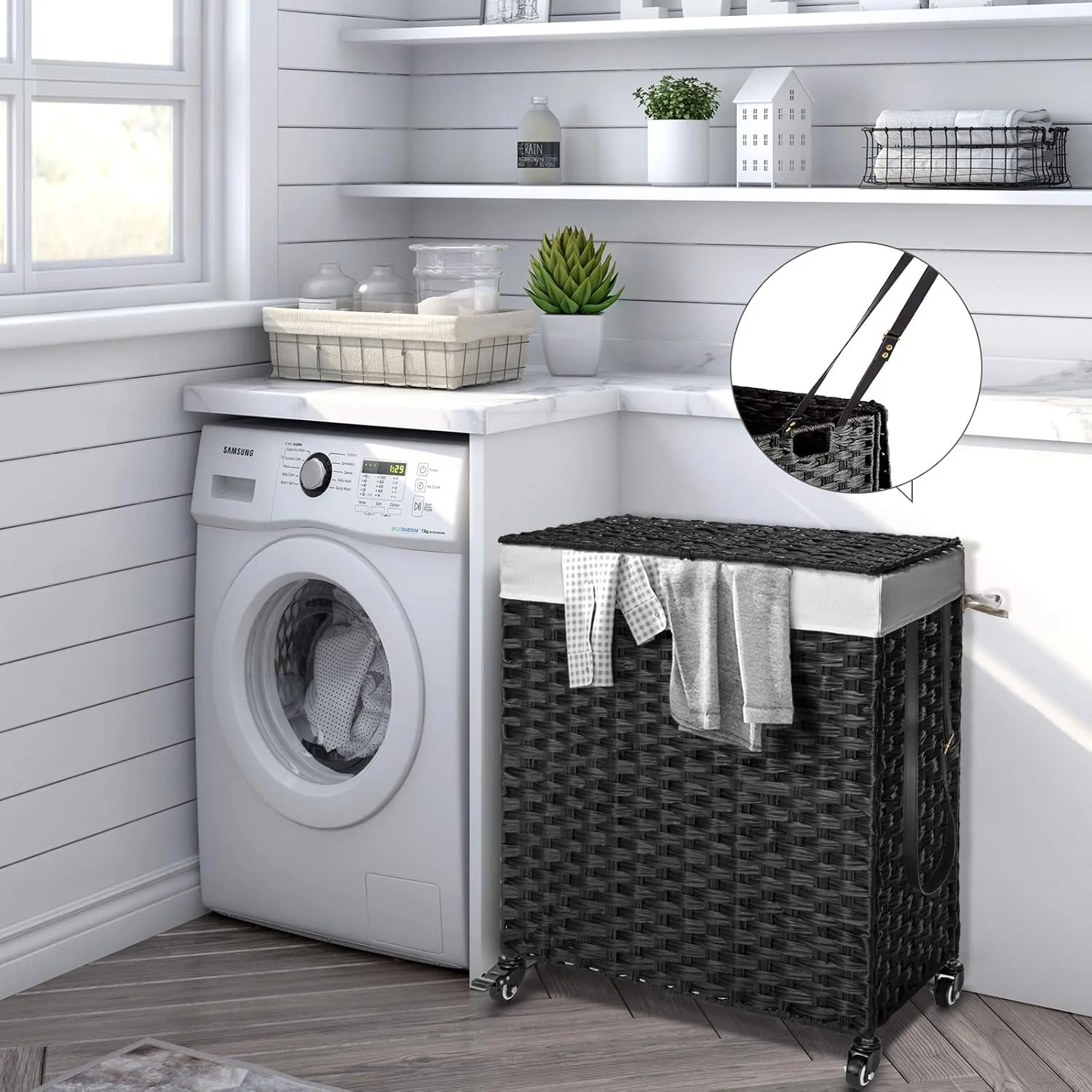 Greenstell Laundry Hamper with Wheels, No Install Needed, 90L Divided Handwoven Hampers & 2 Removable Liner Bags, Synthetic Rattan Clothes Laundry Basket with Lid & Handles, Foldable Hampers Black