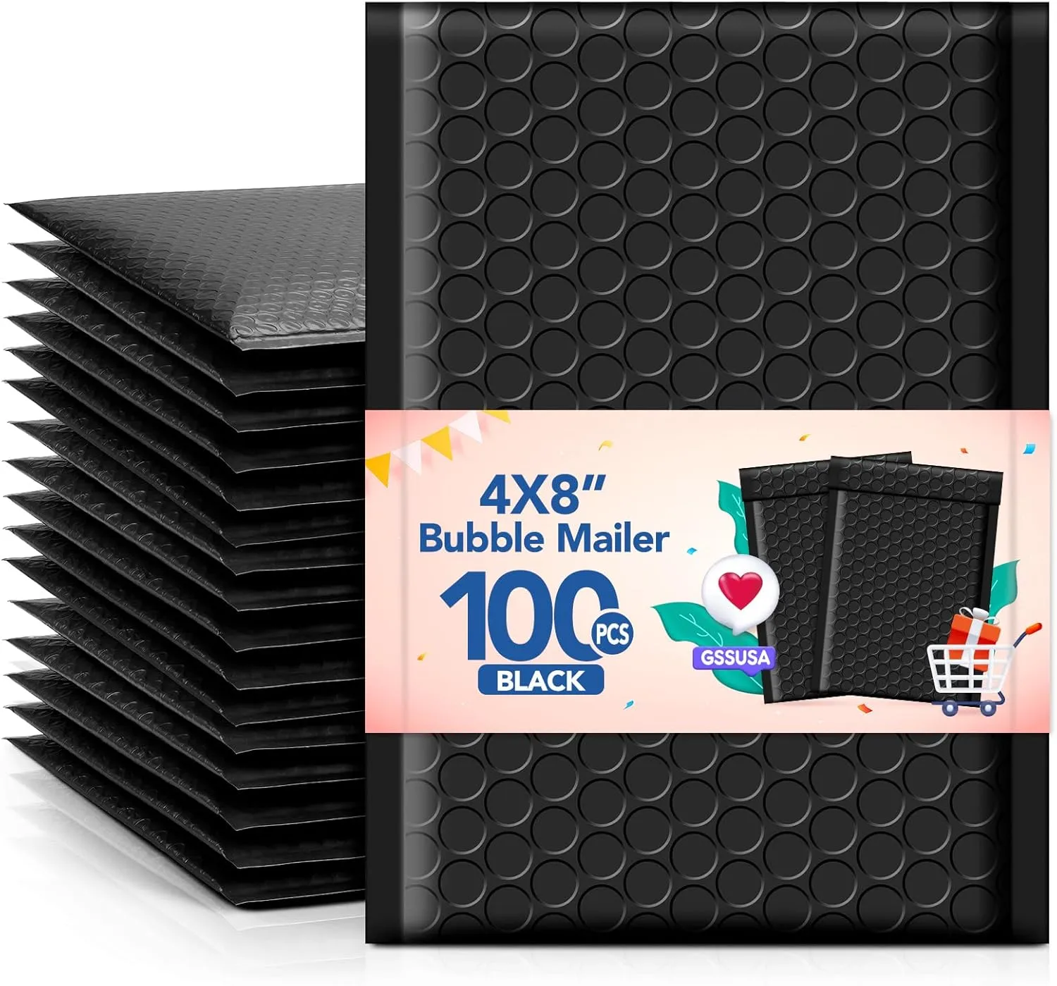 GSSSUSA Bubble Mailers 4x8 Inch 100 Pack Padded Envelopes Usable Size 4x7 Inch Shipping Envelopes Self Seal Small Packaging Shipping Bags for Mailing Jewelry, Small Business, Black