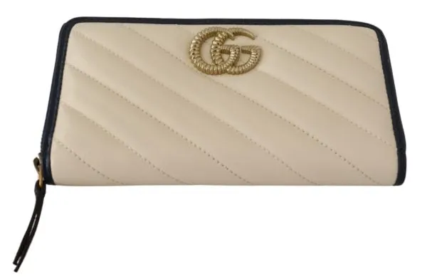 GUCCI White & Blue Leather Marmont GG Torchon Zip Around Wallet