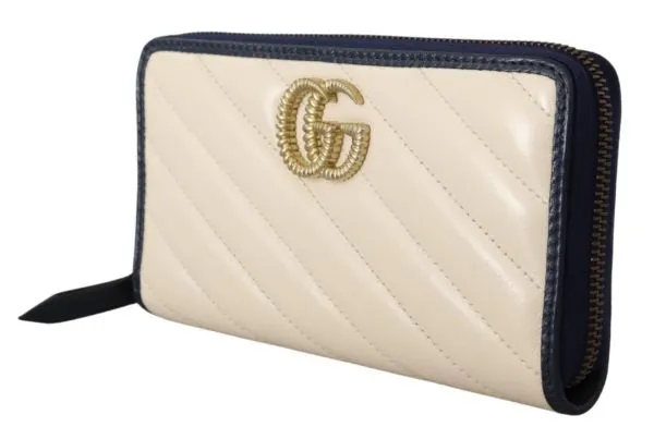 GUCCI White & Blue Leather Marmont GG Torchon Zip Around Wallet