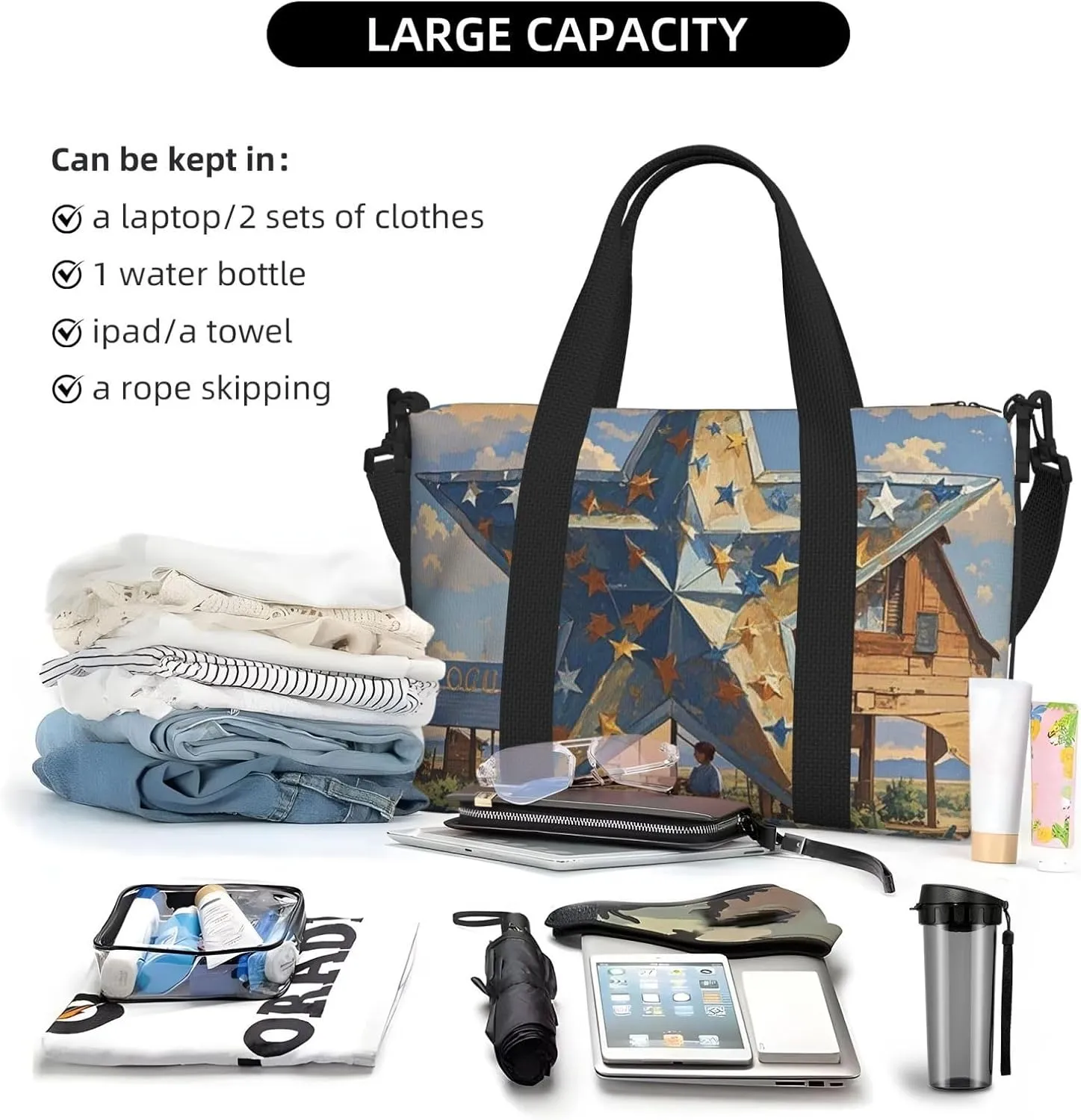 Gym Bag American Wastern Texas Star Duffel Bag for Men Women Travel Overnight Bag with Shoe Compartment Workout Bags