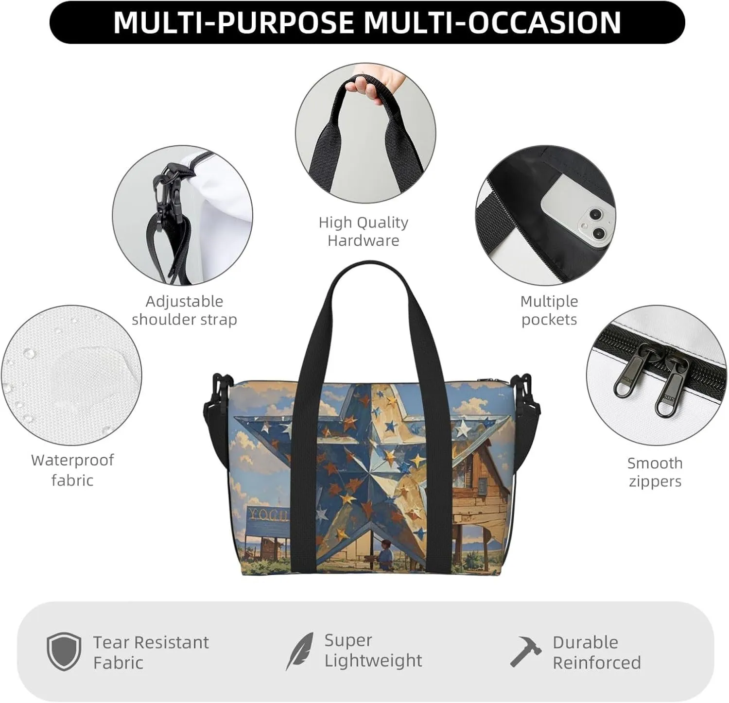 Gym Bag American Wastern Texas Star Duffel Bag for Men Women Travel Overnight Bag with Shoe Compartment Workout Bags