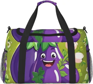Gym Bag Cartoon Eggplant Duffel Bag for Men Women Travel Overnight Bag with Shoe Compartment Workout Bags
