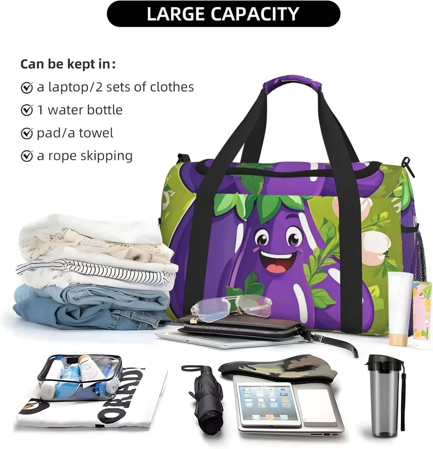 Gym Bag Cartoon Eggplant Duffel Bag for Men Women Travel Overnight Bag with Shoe Compartment Workout Bags