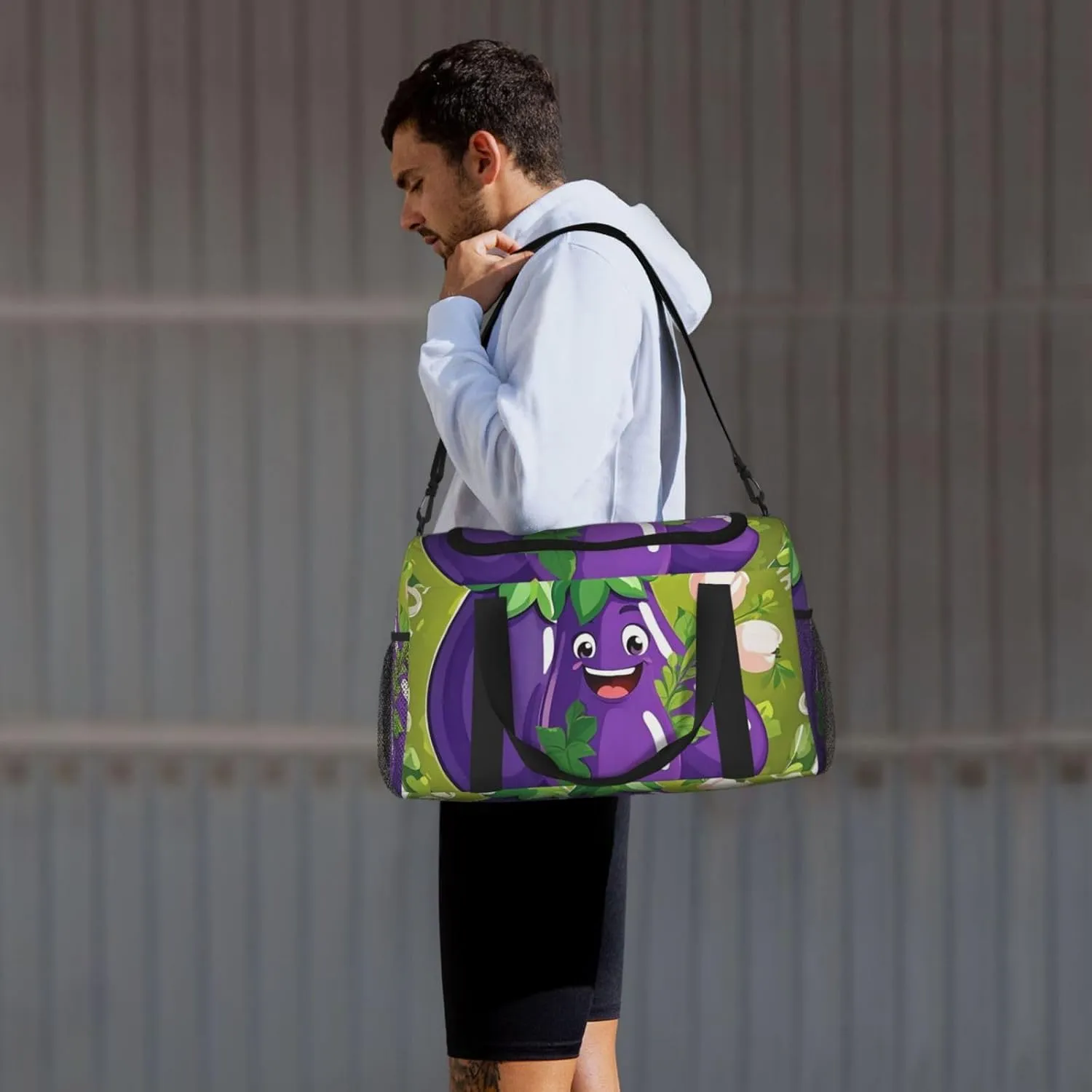 Gym Bag Cartoon Eggplant Duffel Bag for Men Women Travel Overnight Bag with Shoe Compartment Workout Bags