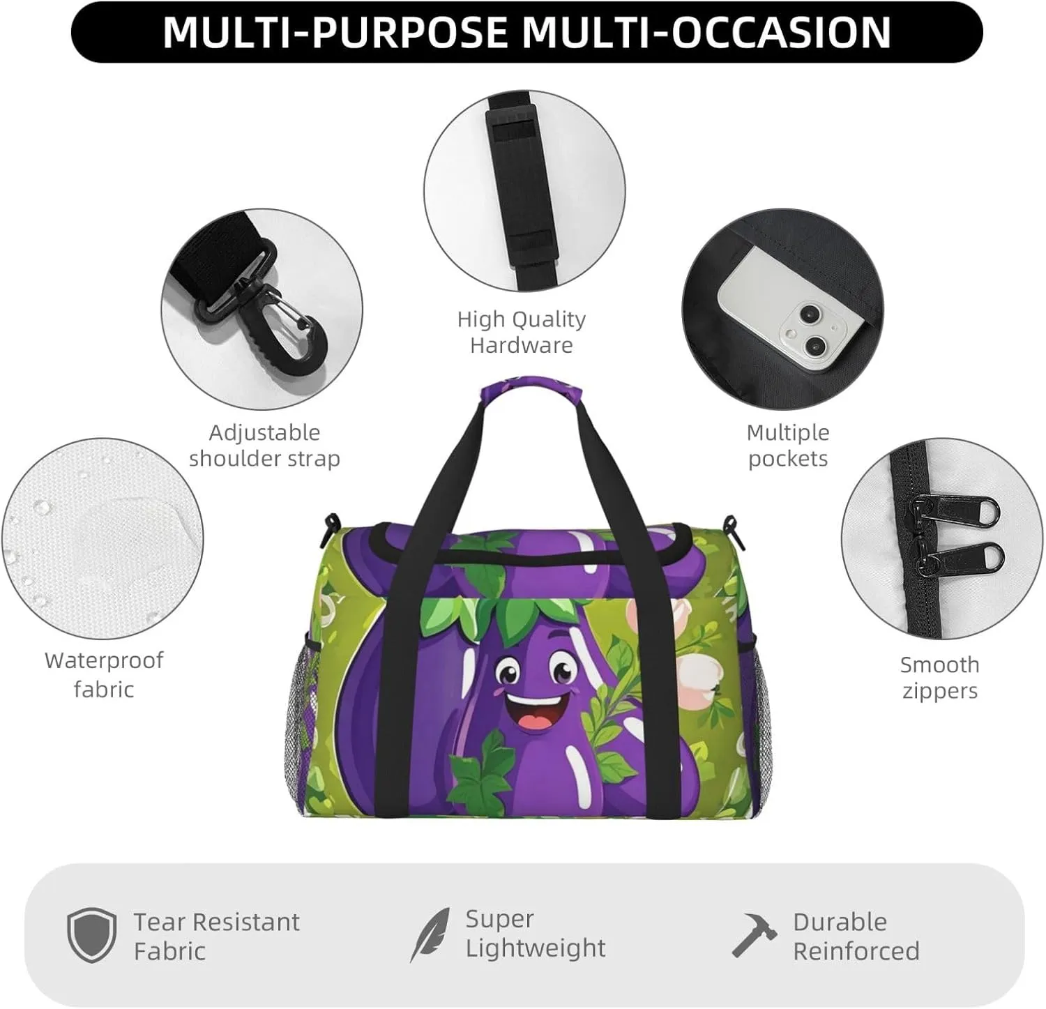 Gym Bag Cartoon Eggplant Duffel Bag for Men Women Travel Overnight Bag with Shoe Compartment Workout Bags