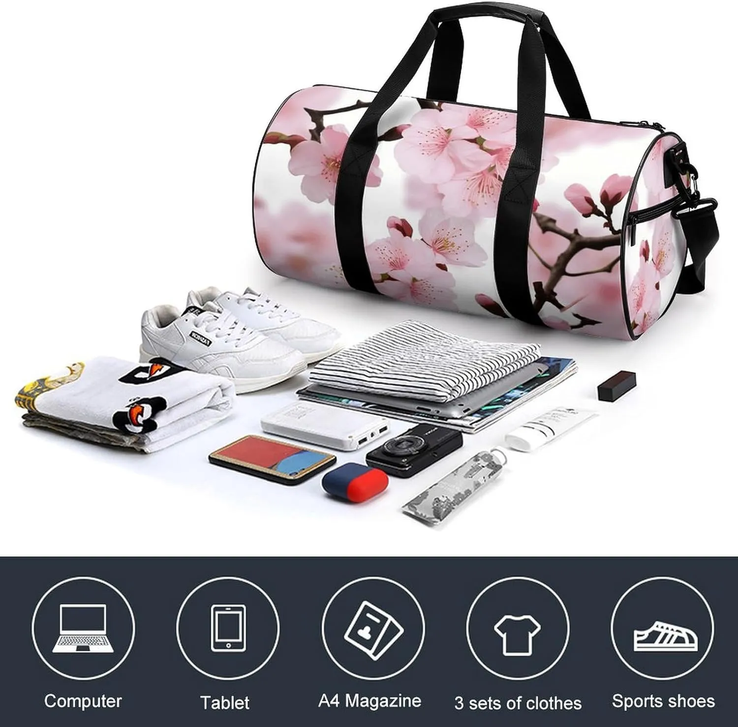 Gym Bag Cherry Japanese Cherry Blossom Duffel Bag for Men Women Overnight Bag with Shoe Compartment Workout Bags