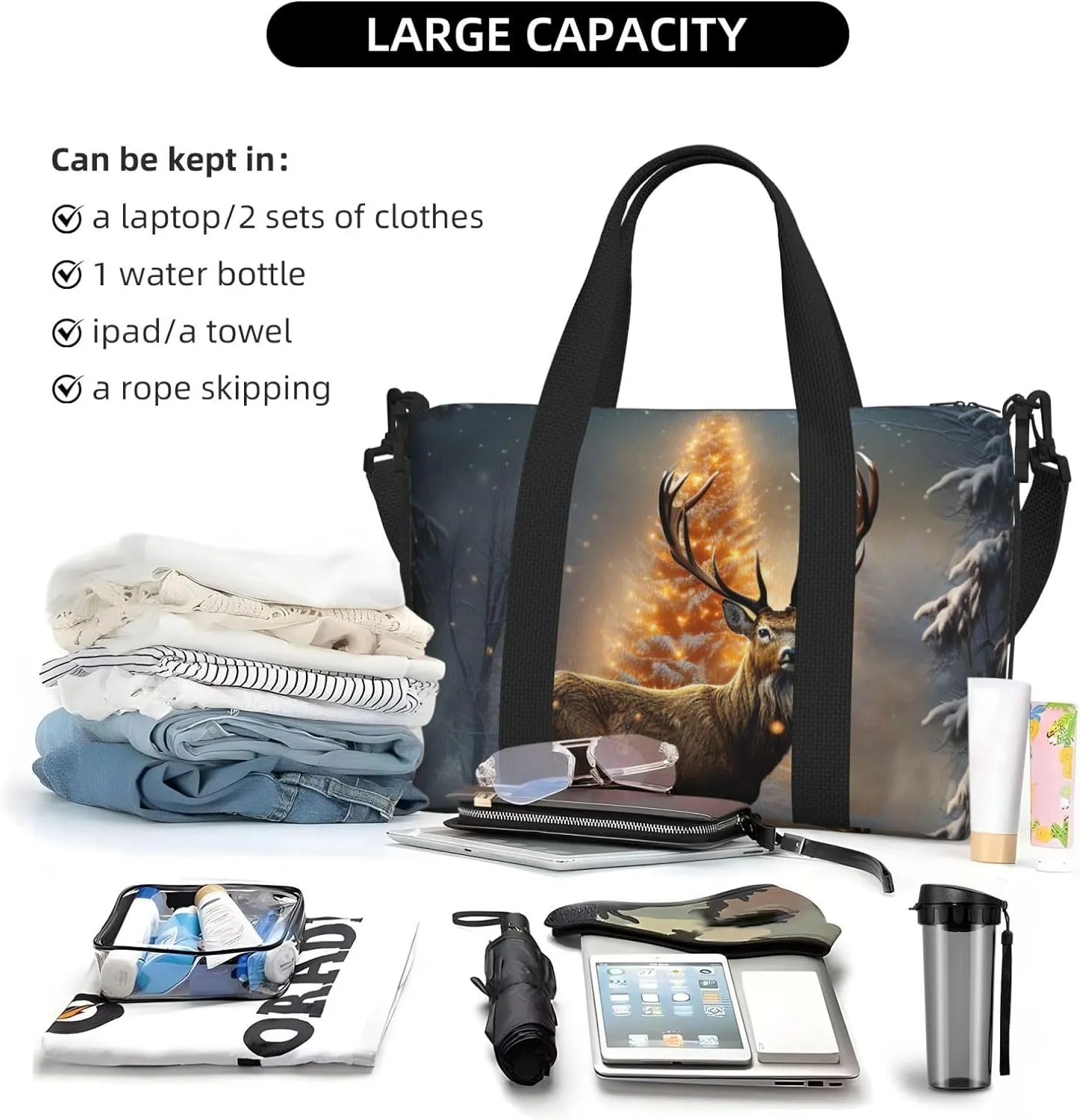 Gym Bag Christmas Tree and Deer Duffel Bag for Men Women Travel Overnight Bag with Shoe Compartment Workout Bags