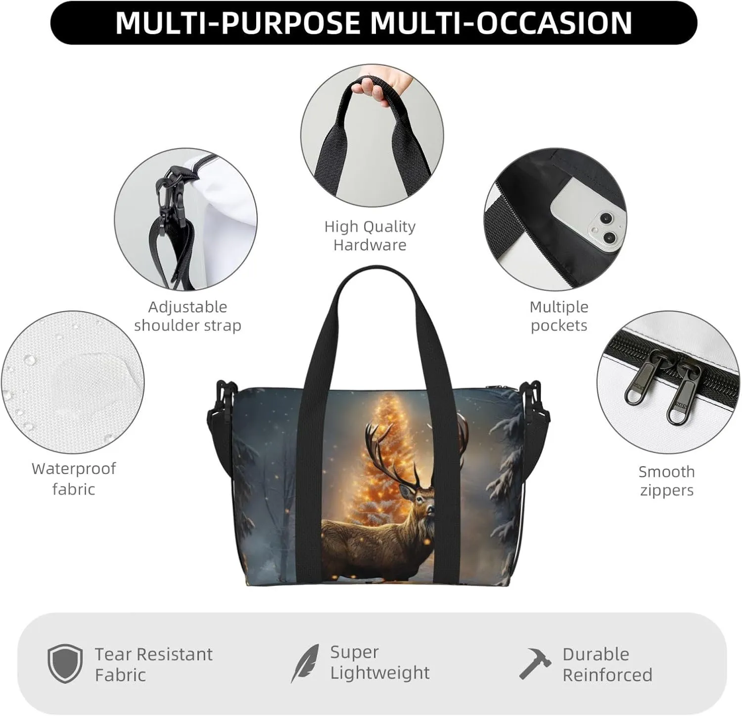 Gym Bag Christmas Tree and Deer Duffel Bag for Men Women Travel Overnight Bag with Shoe Compartment Workout Bags