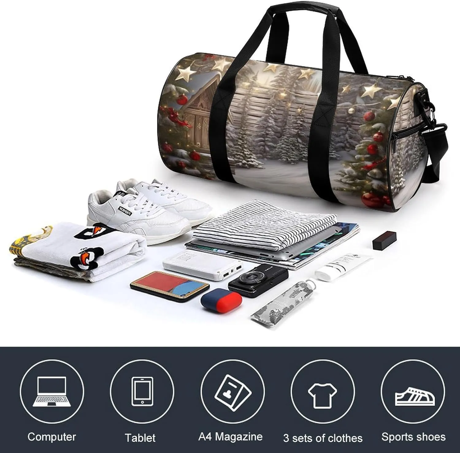 Gym Bag Christmas Wood Duffel Bag for Men Women Overnight Bag with Shoe Compartment Workout Bags