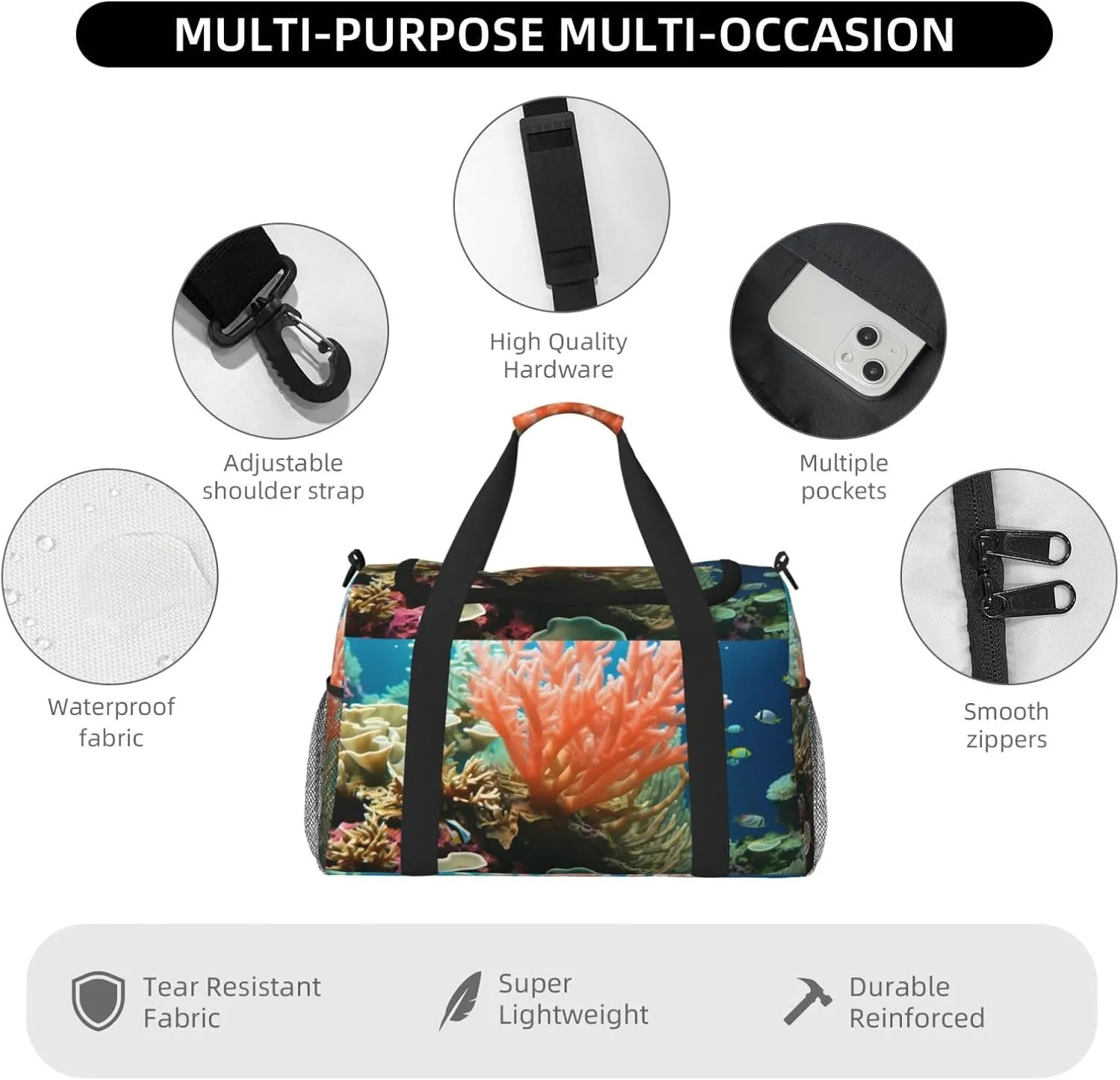 Gym Bag Coral Duffel Bag for Men Women Travel Overnight Bag with Shoe Compartment Workout Bags