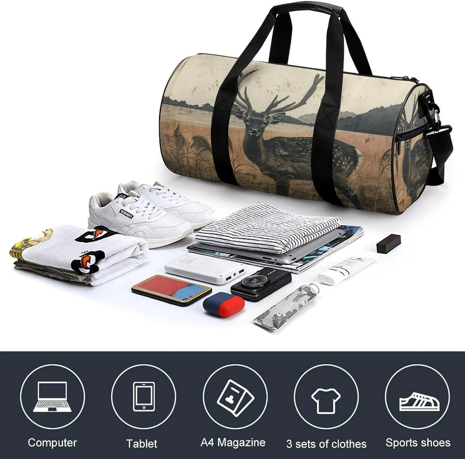 Gym Bag Deer on The Island Duffel Bag for Men Women Overnight Bag with Shoe Compartment Workout Bags