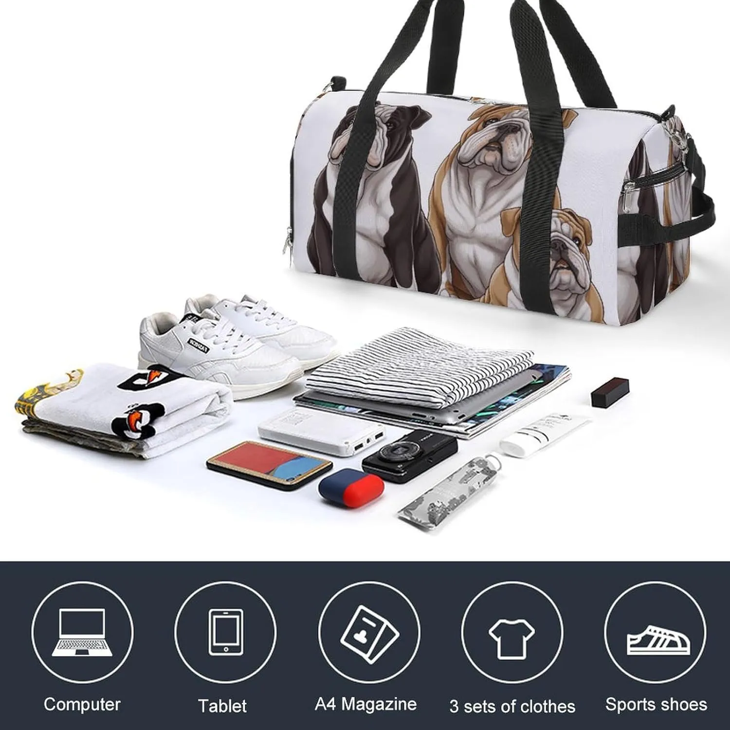 Gym Bag English Bulldogs Duffel Bag for Men Women Travel Overnight Bag with Shoe Compartment Workout Bags