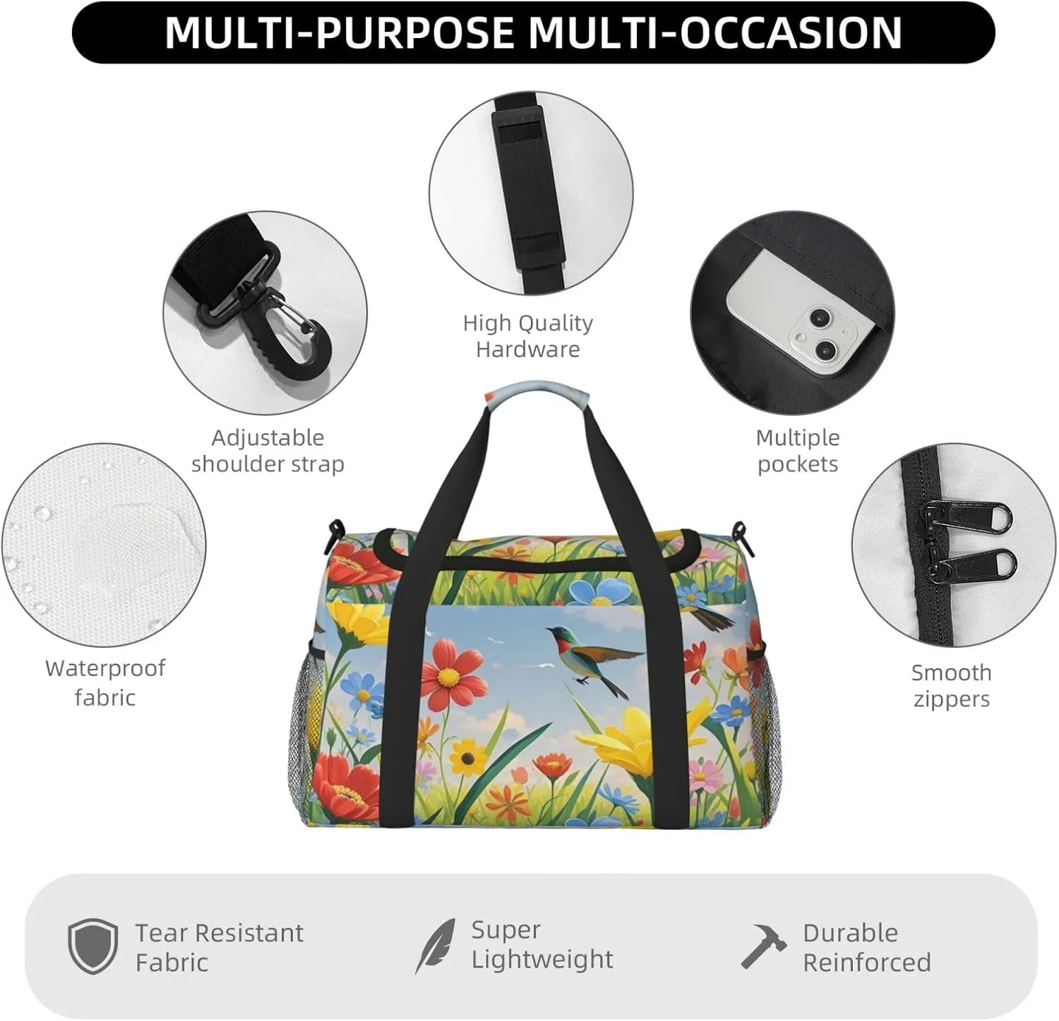 Gym Bag Flowers Birds Duffel Bag for Men Women Travel Overnight Bag with Shoe Compartment Workout Bags