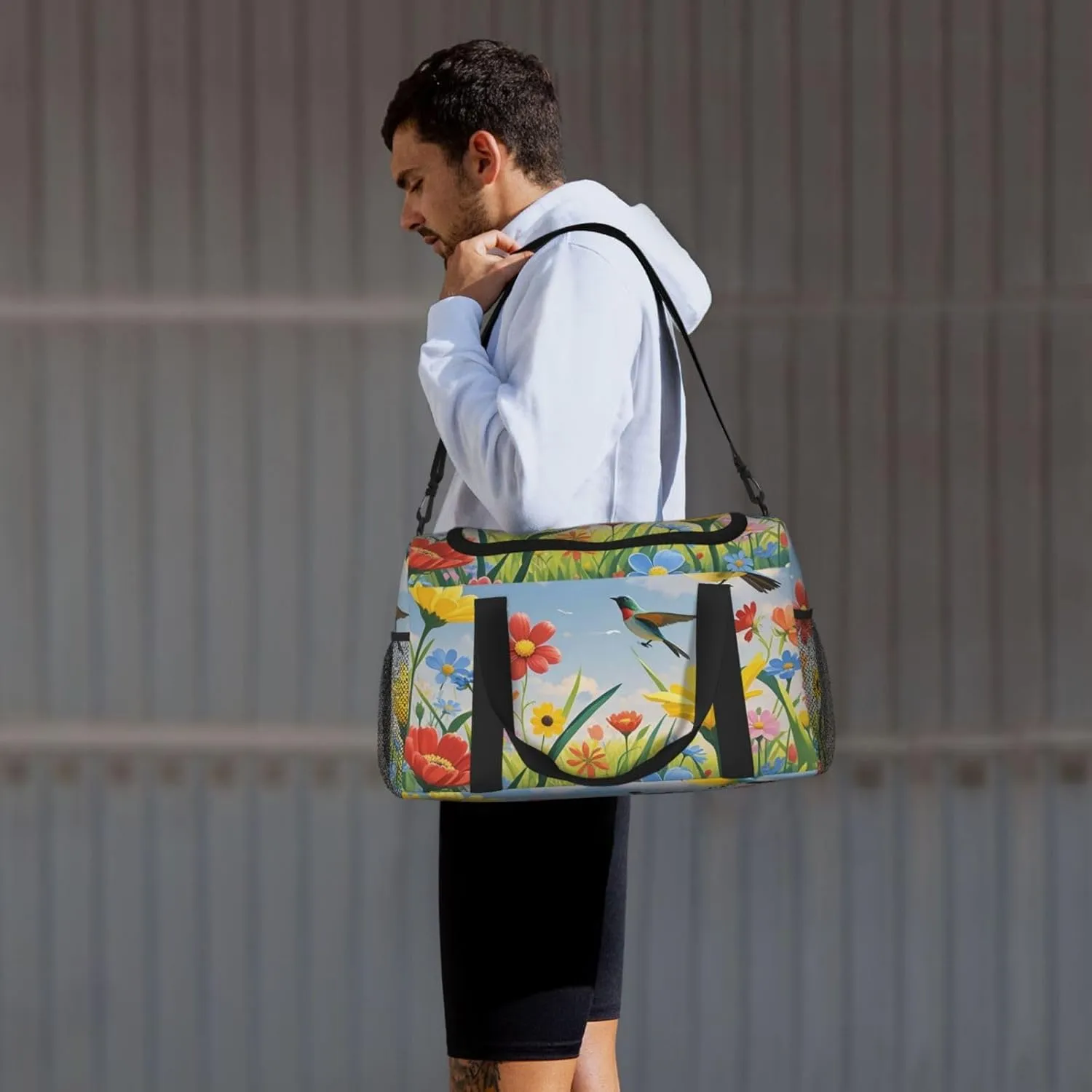 Gym Bag Flowers Birds Duffel Bag for Men Women Travel Overnight Bag with Shoe Compartment Workout Bags