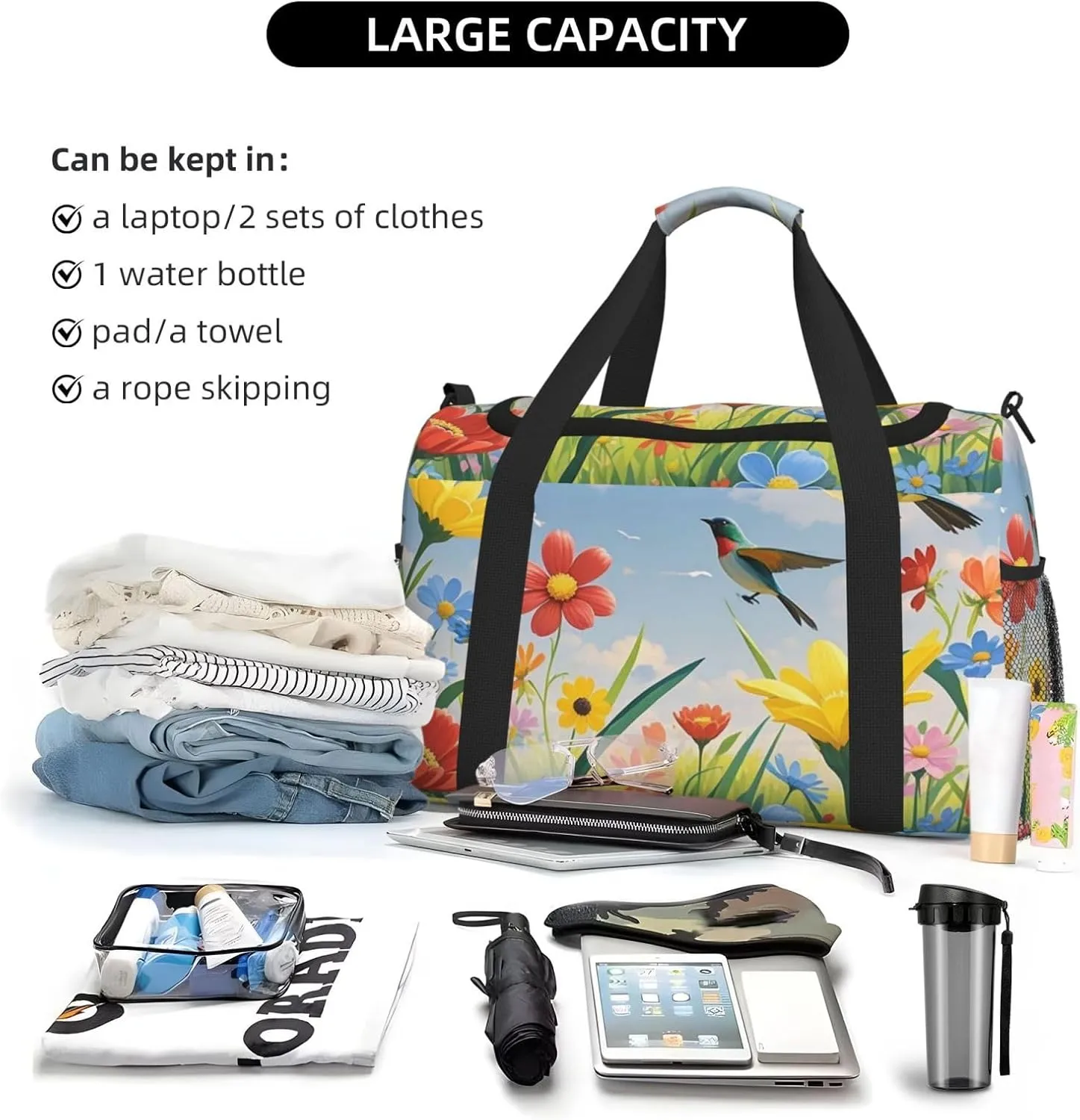 Gym Bag Flowers Birds Duffel Bag for Men Women Travel Overnight Bag with Shoe Compartment Workout Bags