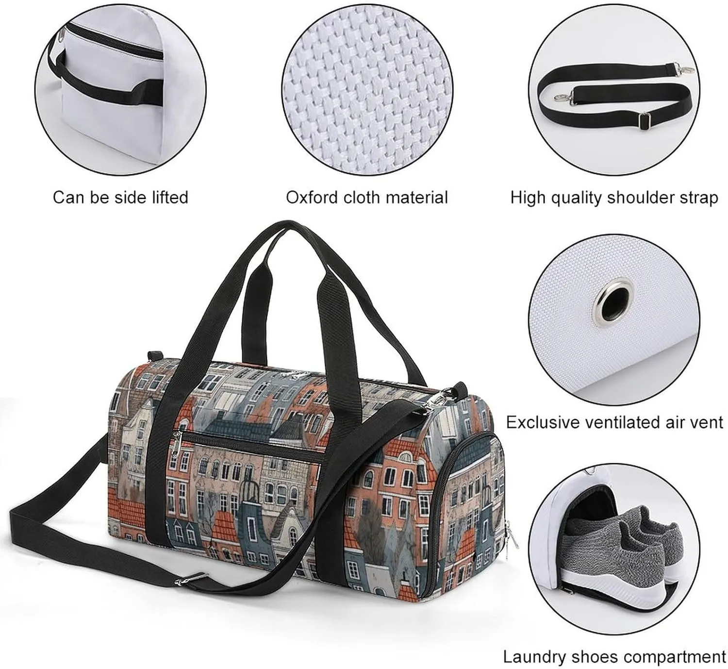 Gym Bag House Pattern Duffel Bag for Men Women Overnight Bag with Shoe Compartment Workout Bags