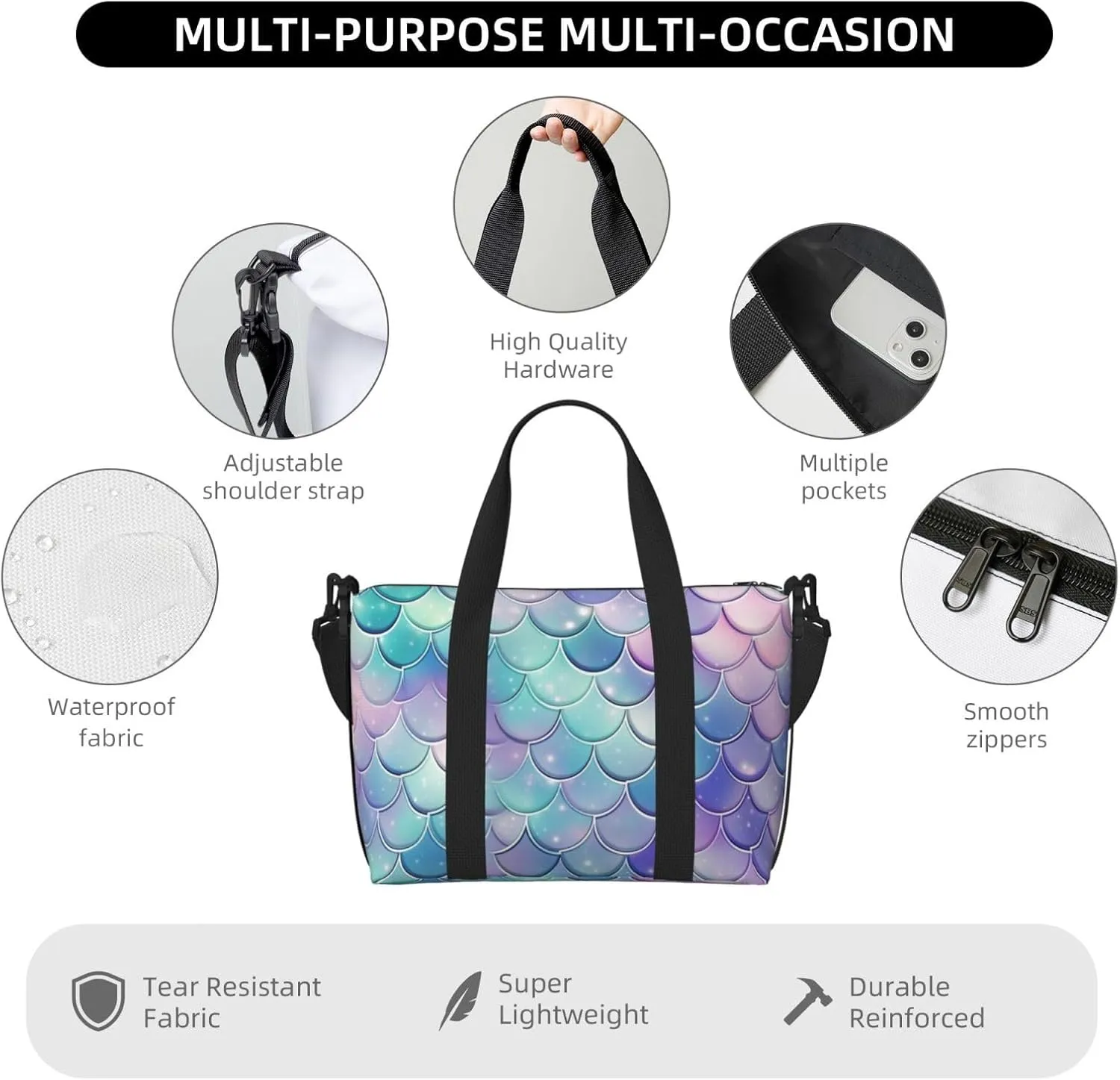 Gym Bag Mermaid Scales Duffel Bag for Men Women Travel Overnight Bag with Shoe Compartment Workout Bags
