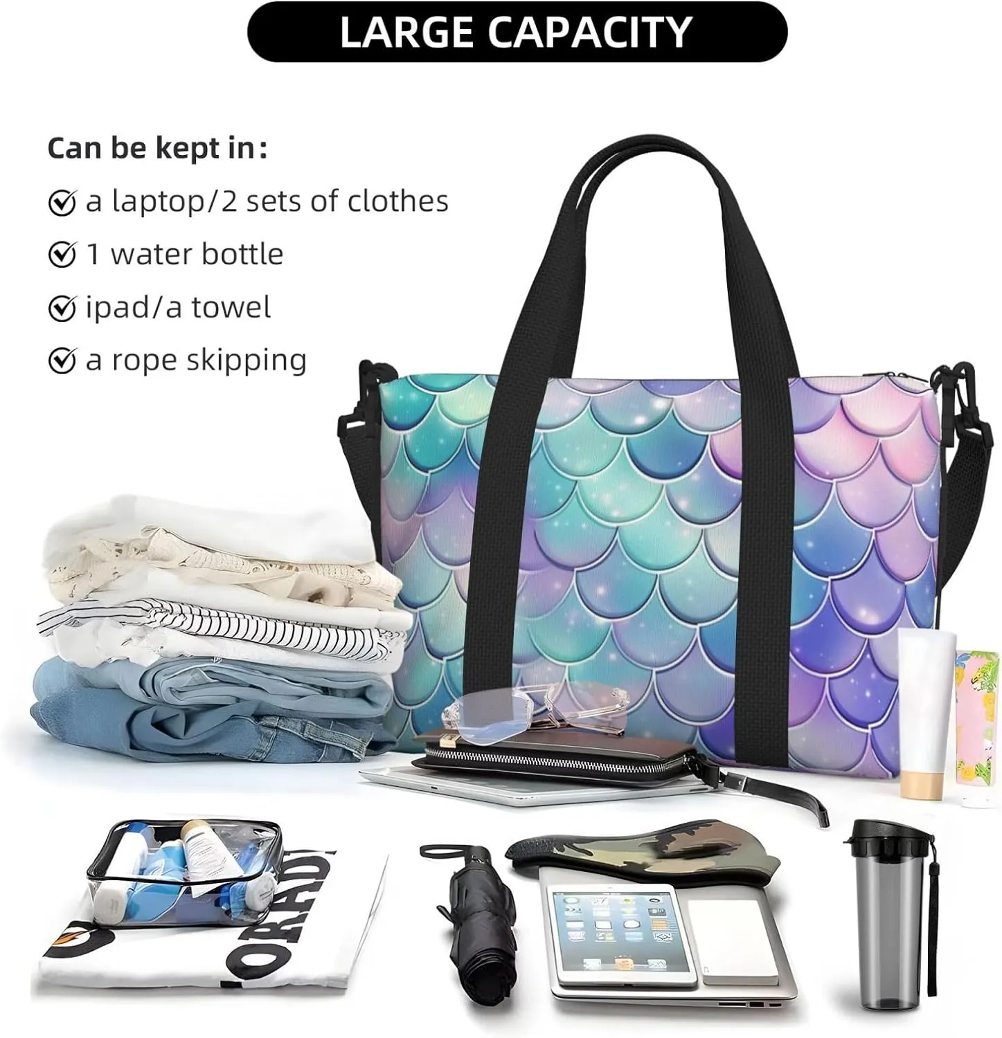 Gym Bag Mermaid Scales Duffel Bag for Men Women Travel Overnight Bag with Shoe Compartment Workout Bags